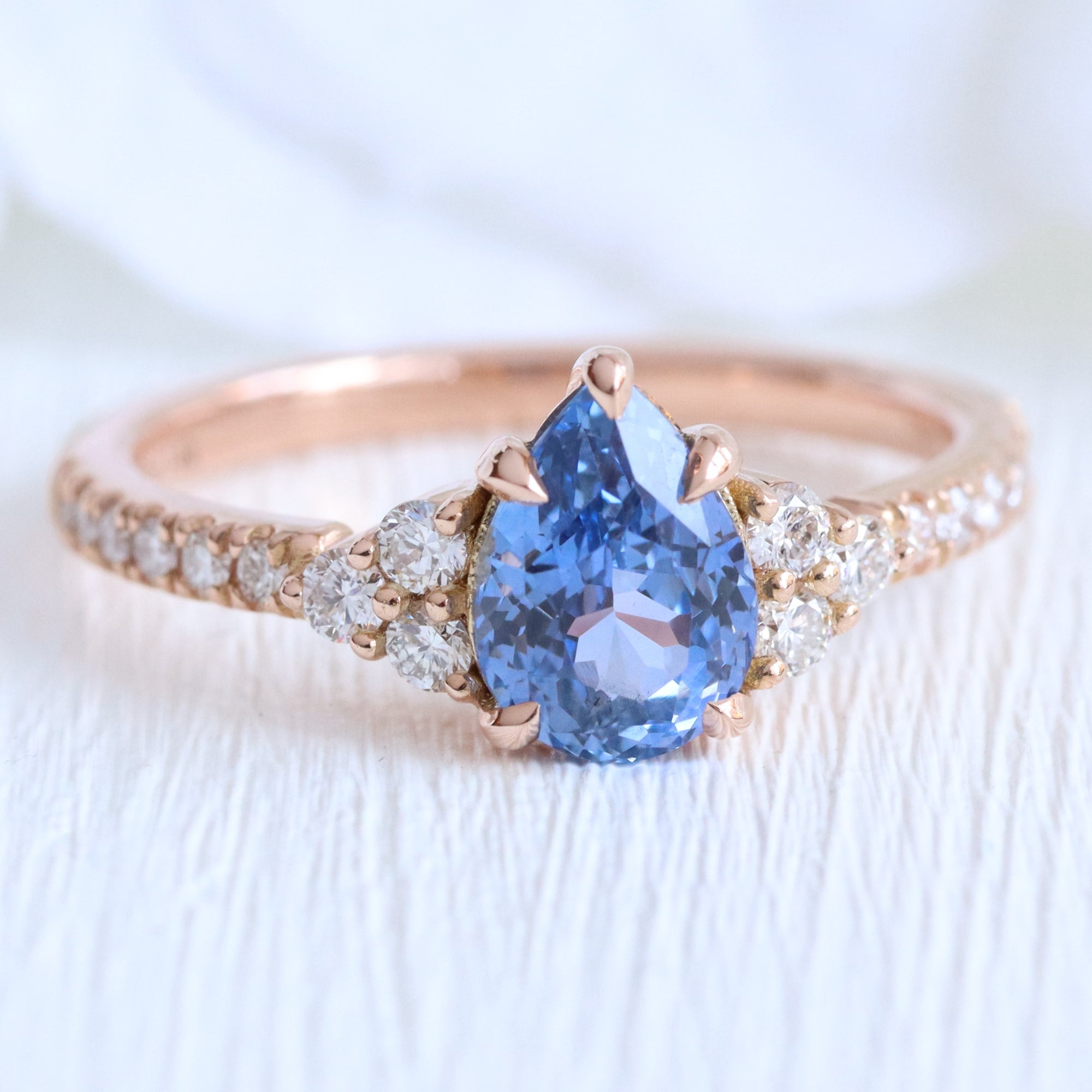 Pear Ceylon blue sapphire ring rose gold 3 stone diamond ring la more design jewelry