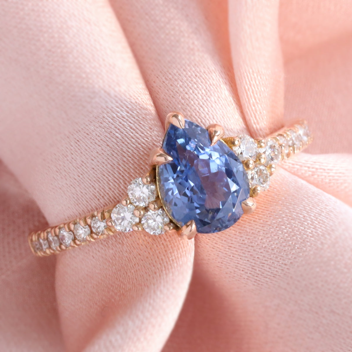 Pear Ceylon blue sapphire ring rose gold 3 stone diamond ring la more design jewelry