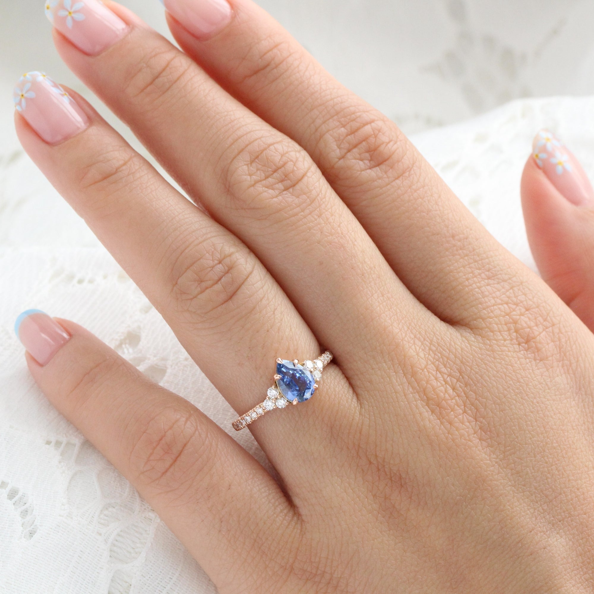 Pear Ceylon blue sapphire ring rose gold 3 stone diamond ring la more design jewelry