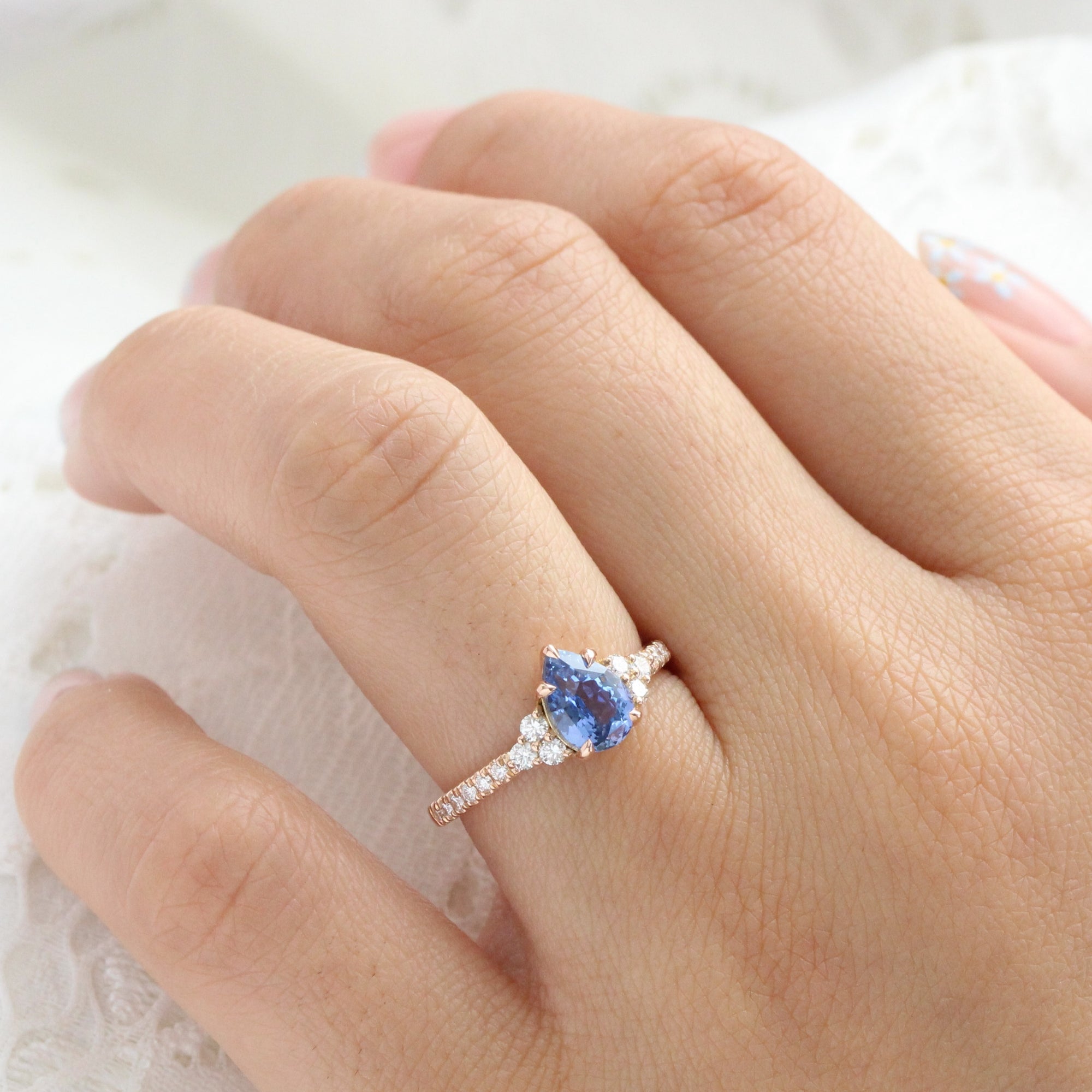 Pear Ceylon blue sapphire ring rose gold 3 stone diamond ring la more design jewelry