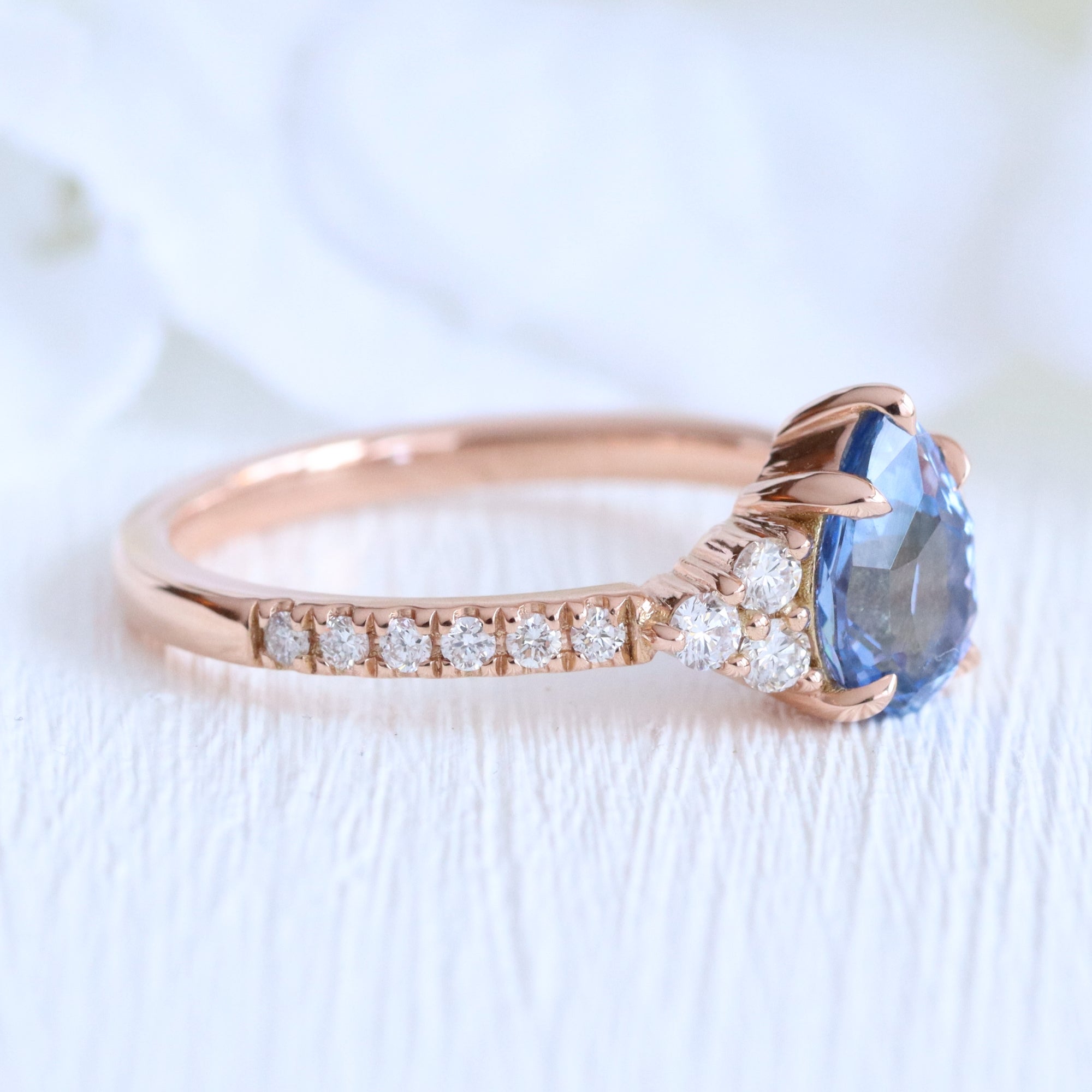 Pear Ceylon blue sapphire ring rose gold 3 stone diamond ring la more design jewelry