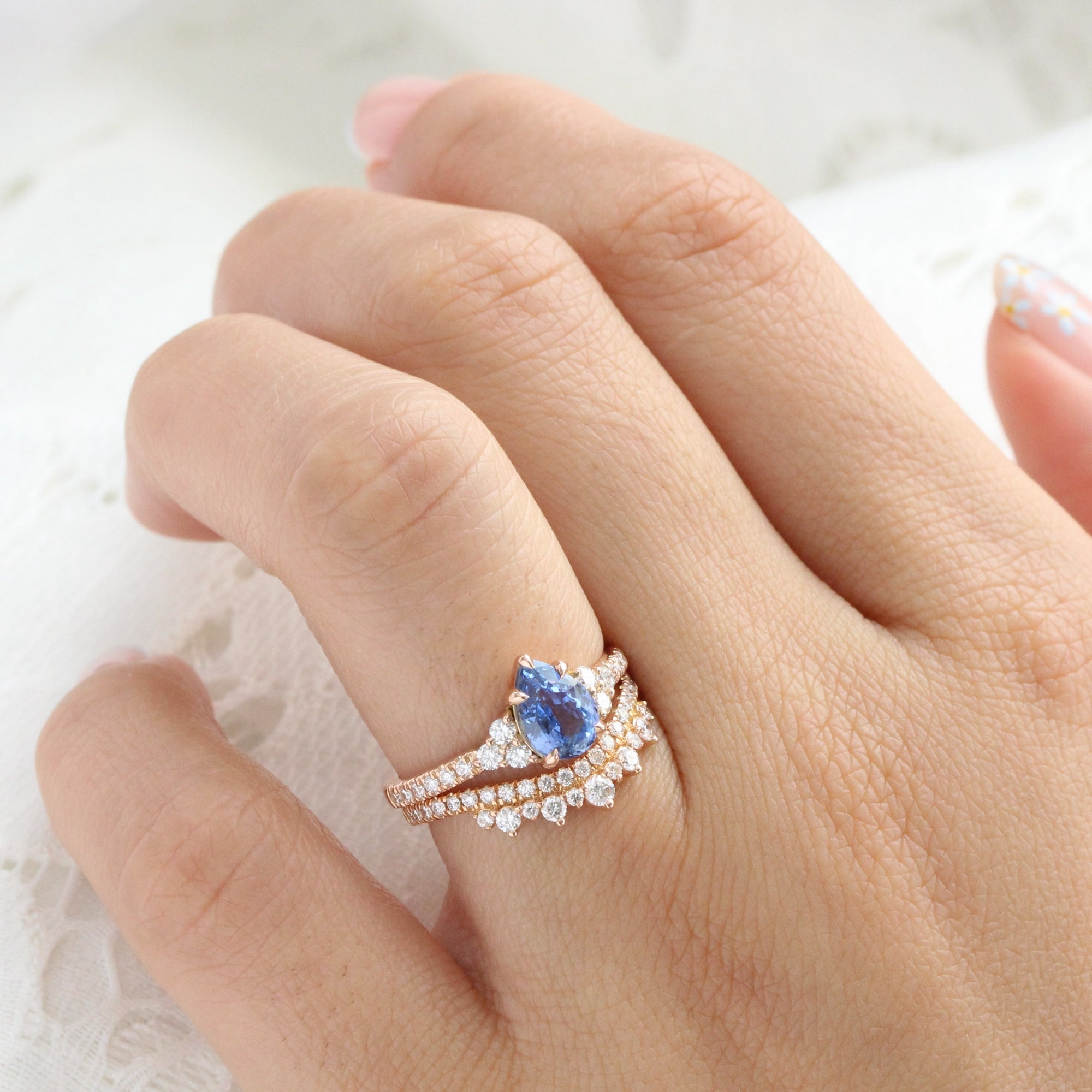 Pear Ceylon blue sapphire ring rose gold 3 stone diamond ring la more design jewelry