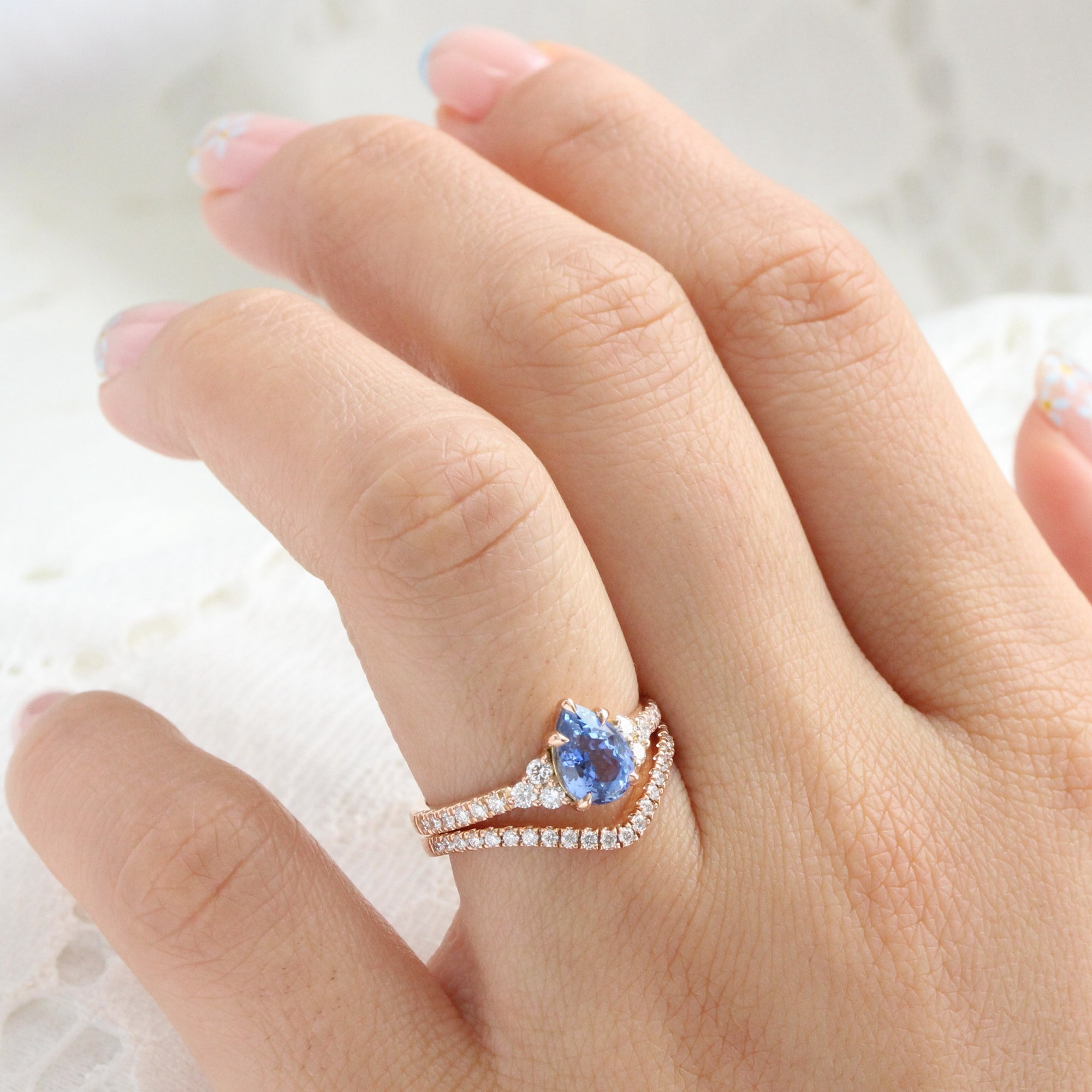 Pear Ceylon blue sapphire ring rose gold 3 stone diamond ring la more design jewelry