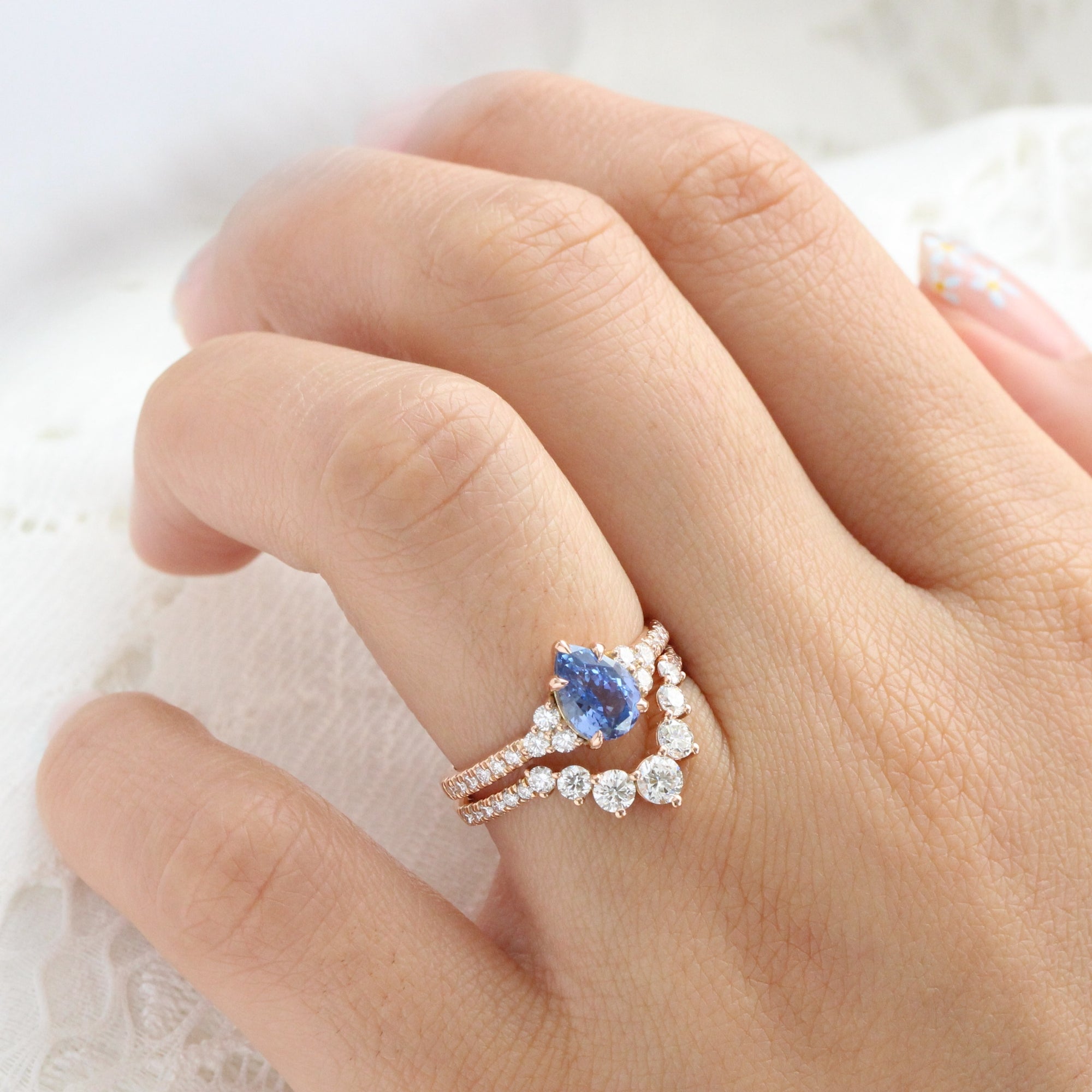 Pear Ceylon blue sapphire ring rose gold 3 stone diamond ring la more design jewelry