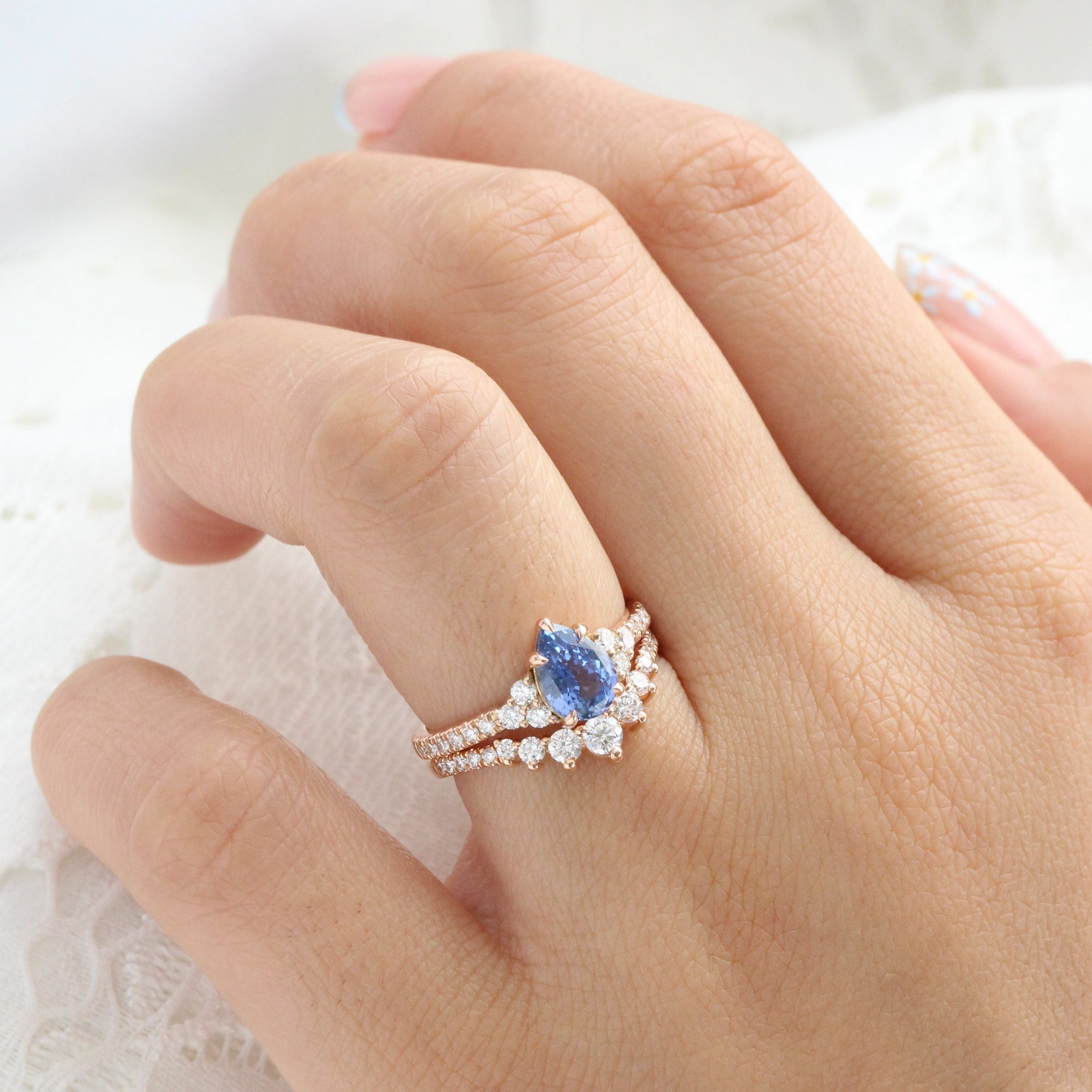 Pear Ceylon blue sapphire ring rose gold 3 stone diamond ring la more design jewelry