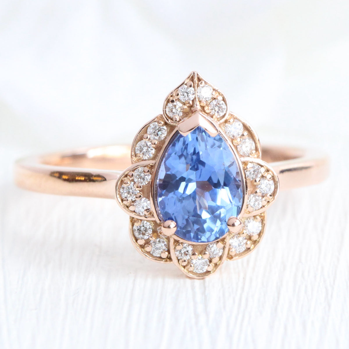 Pear Ceylon blue sapphire ring rose gold vintage floral sapphire diamond ring la more design jewelry