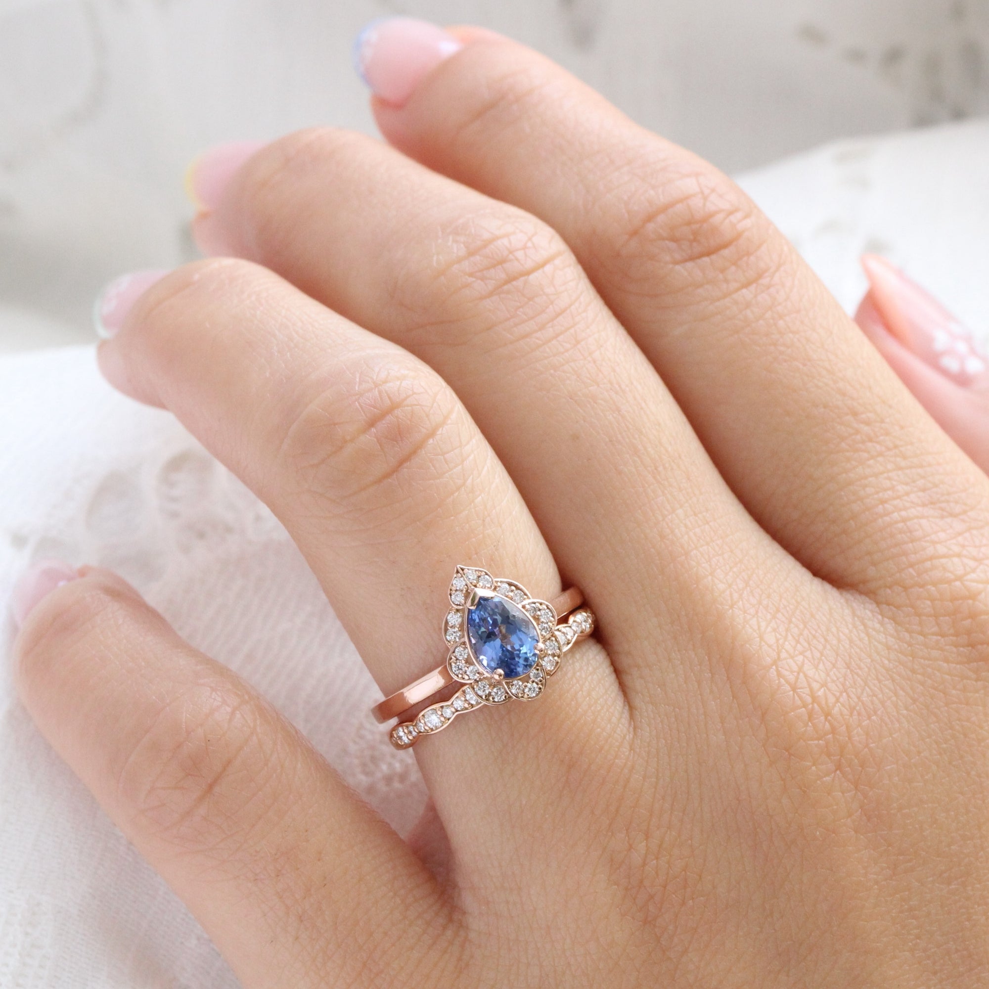 Vintage Ceylon Blue Sapphire Diamond Ring Rose Gold Pear Shape Ring La More Design