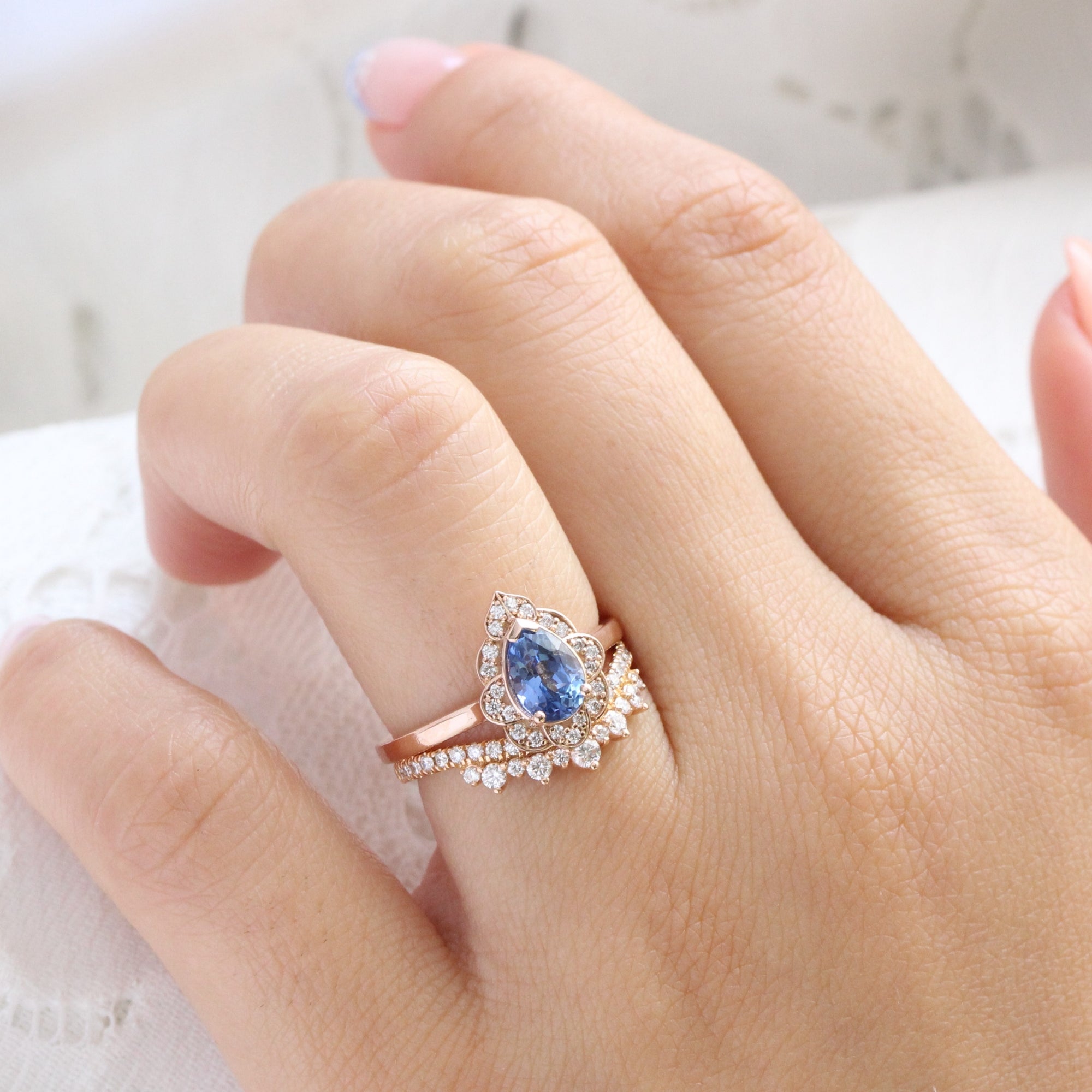 Pear Ceylon blue sapphire ring rose gold vintage floral sapphire diamond ring la more design jewelry