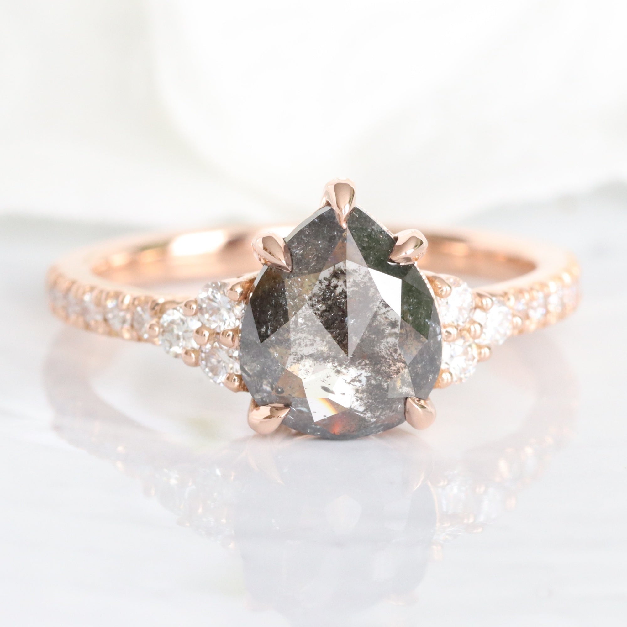 Pear Salt and Pepper Diamond Ring Rose Gold 3 Stone Grey Diamond Ring la more design jewelry