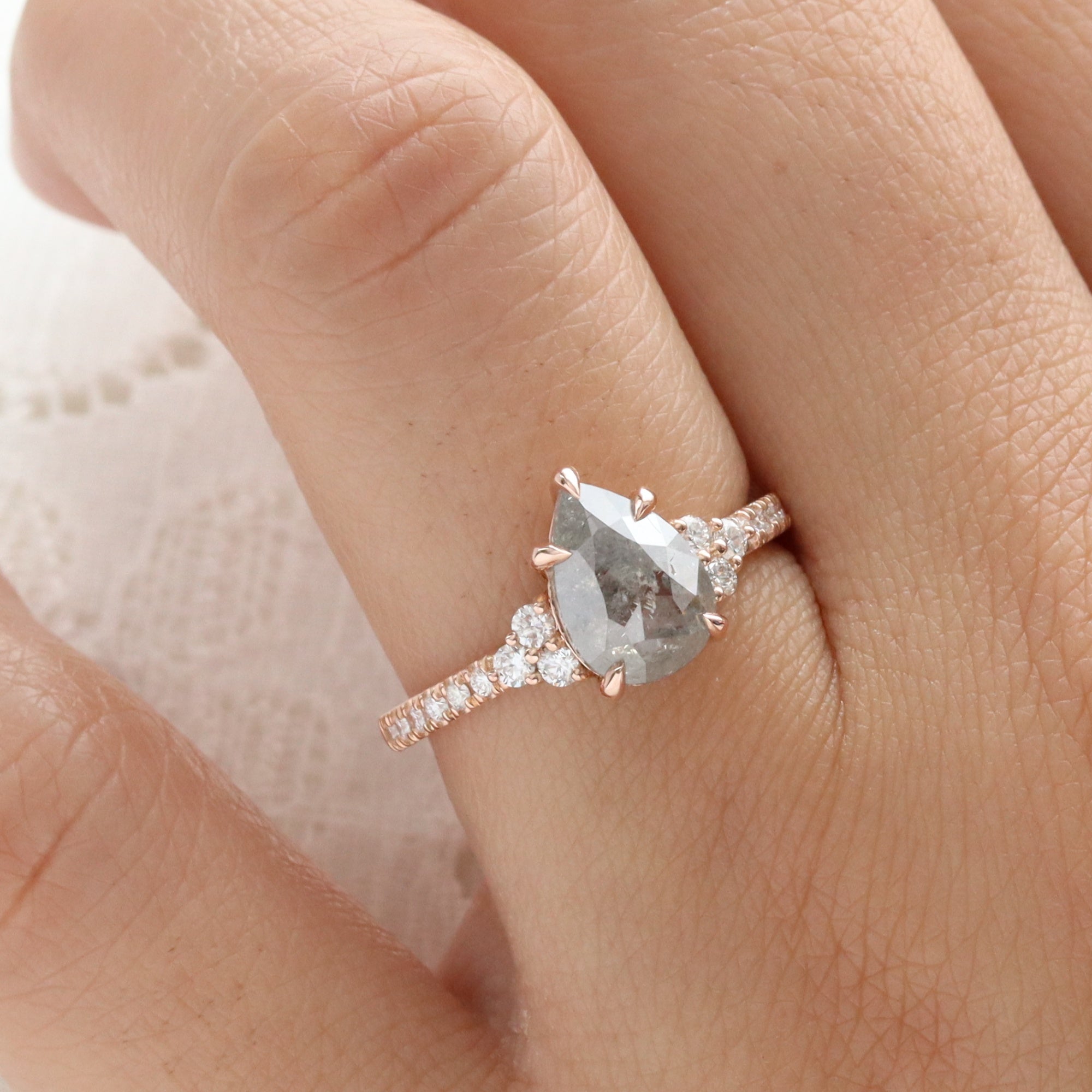 Pear Salt and Pepper Diamond Ring Rose Gold 3 Stone Grey Diamond Ring la more design jewelry