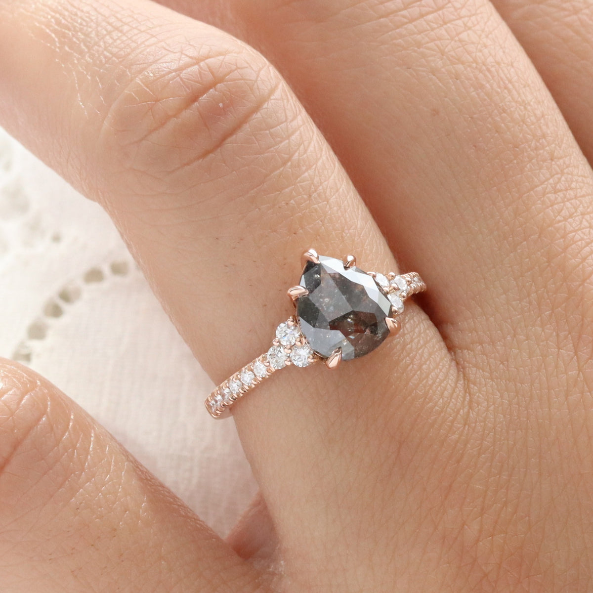 Pear Salt and Pepper Diamond Ring Rose Gold 3 Stone Grey Diamond Ring la more design jewelry