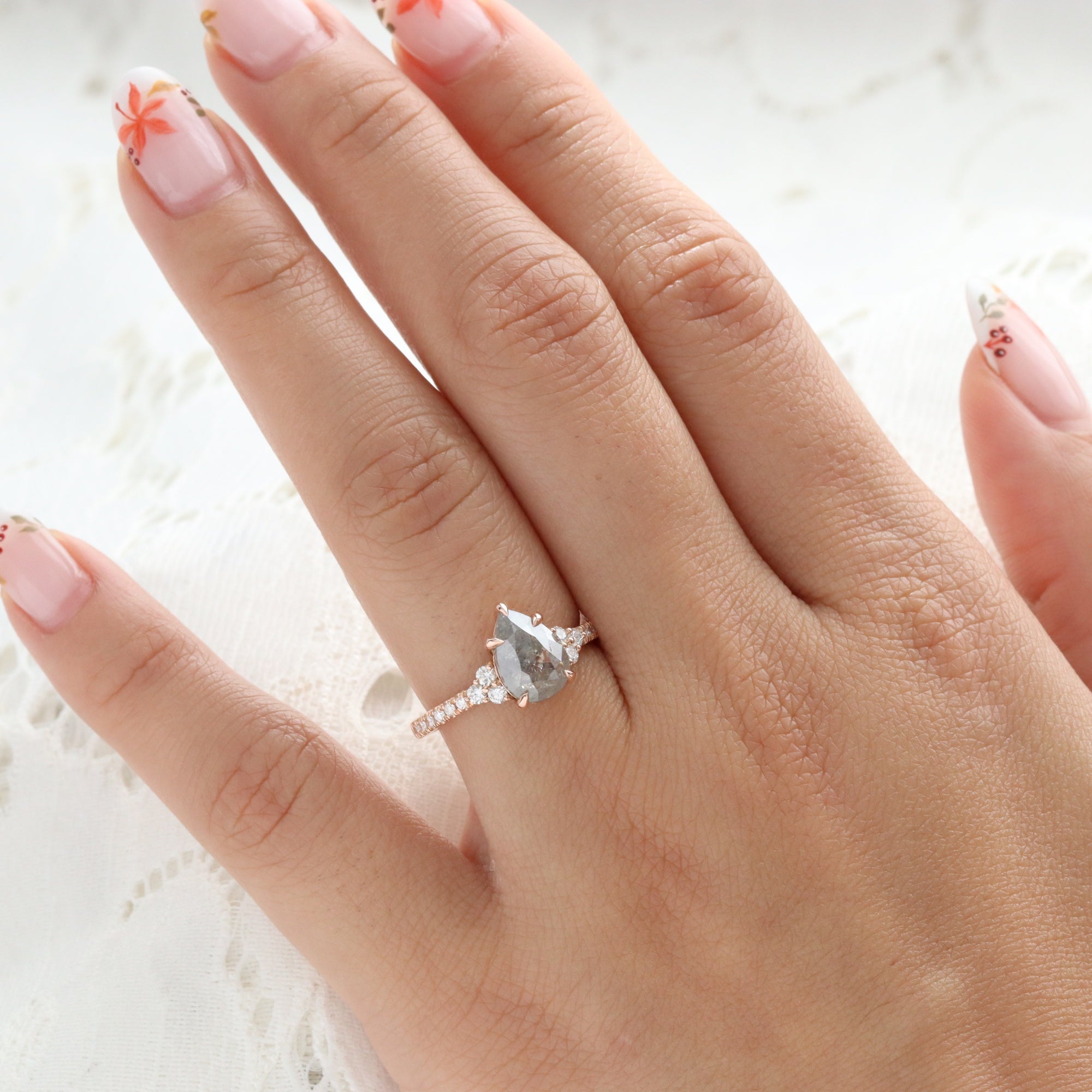 Pear Salt and Pepper Diamond Ring Rose Gold 3 Stone Grey Diamond Ring la more design jewelry