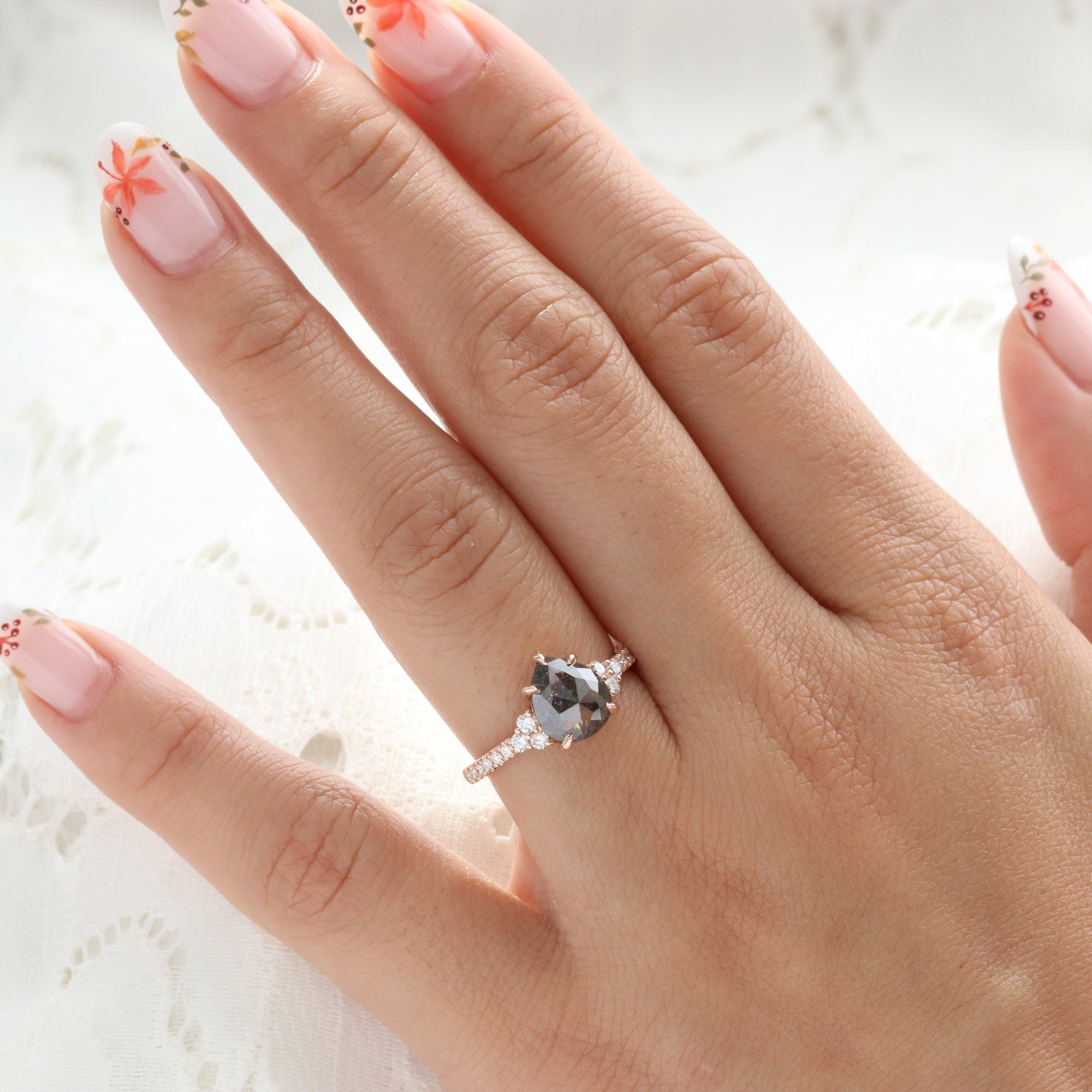 Pear Salt and Pepper Diamond Ring Rose Gold 3 Stone Grey Diamond Ring la more design jewelry