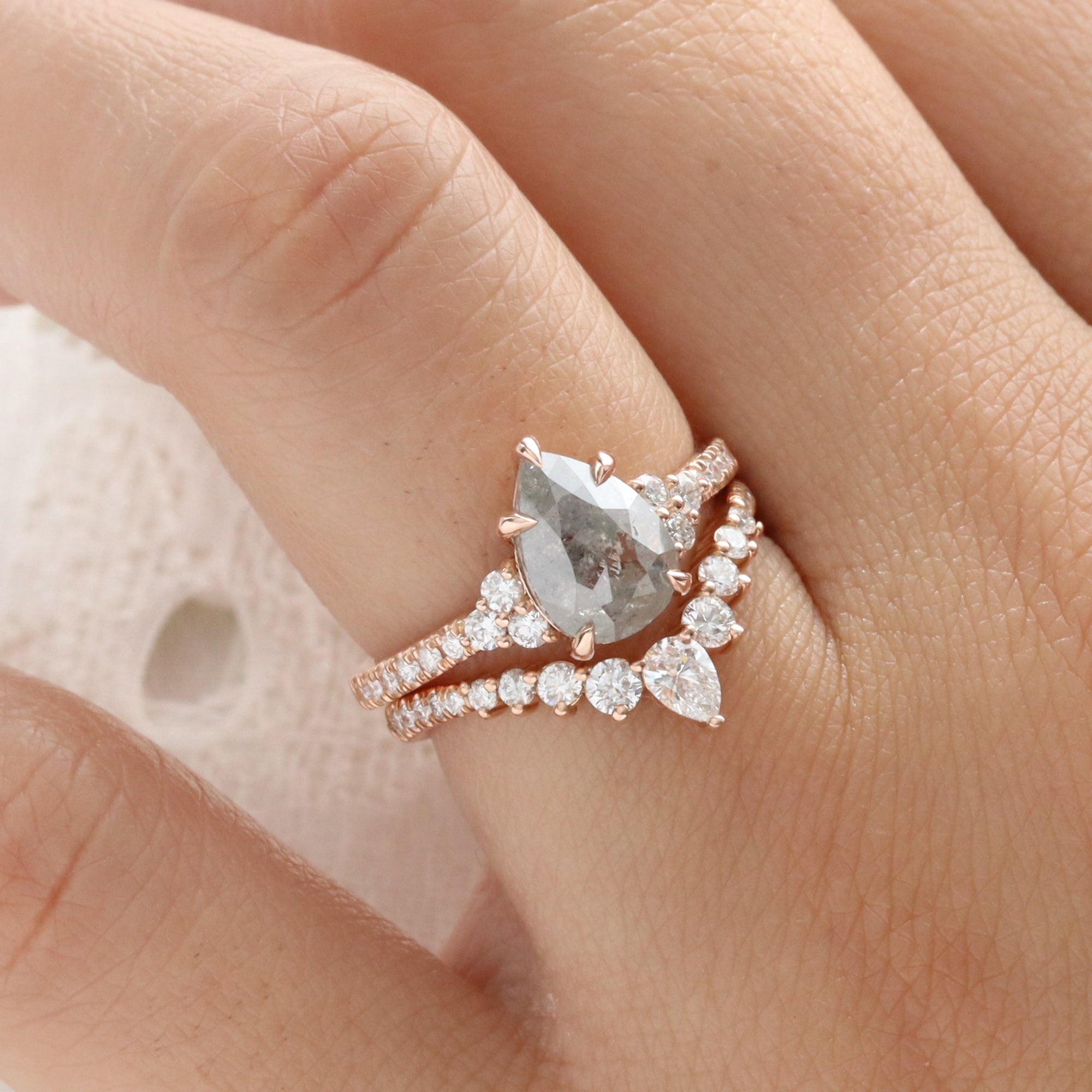 Pear Salt and Pepper Diamond Ring Rose Gold 3 Stone Grey Diamond Ring la more design jewelry