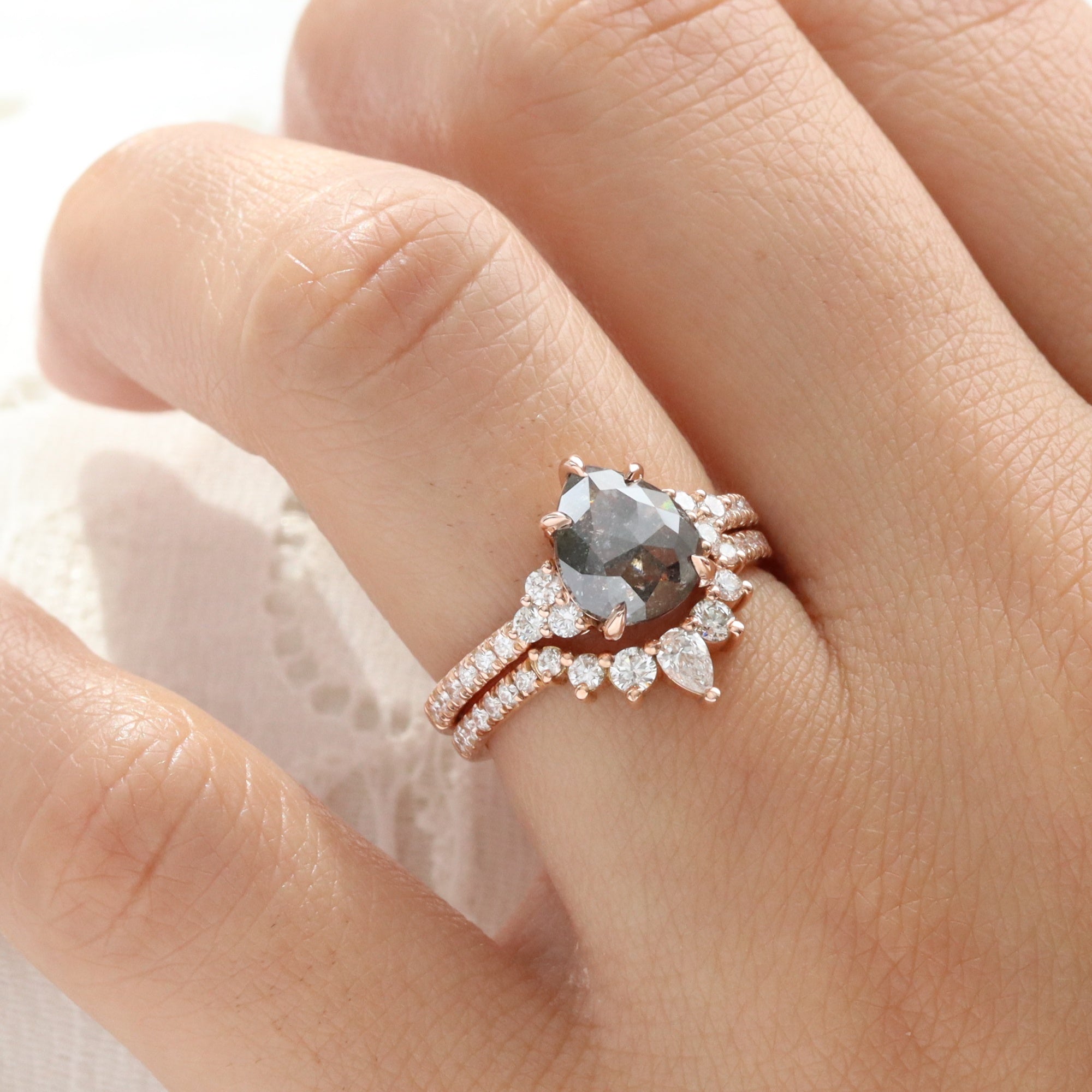 Pear Salt and Pepper Diamond Ring Rose Gold 3 Stone Grey Diamond Ring la more design jewelry