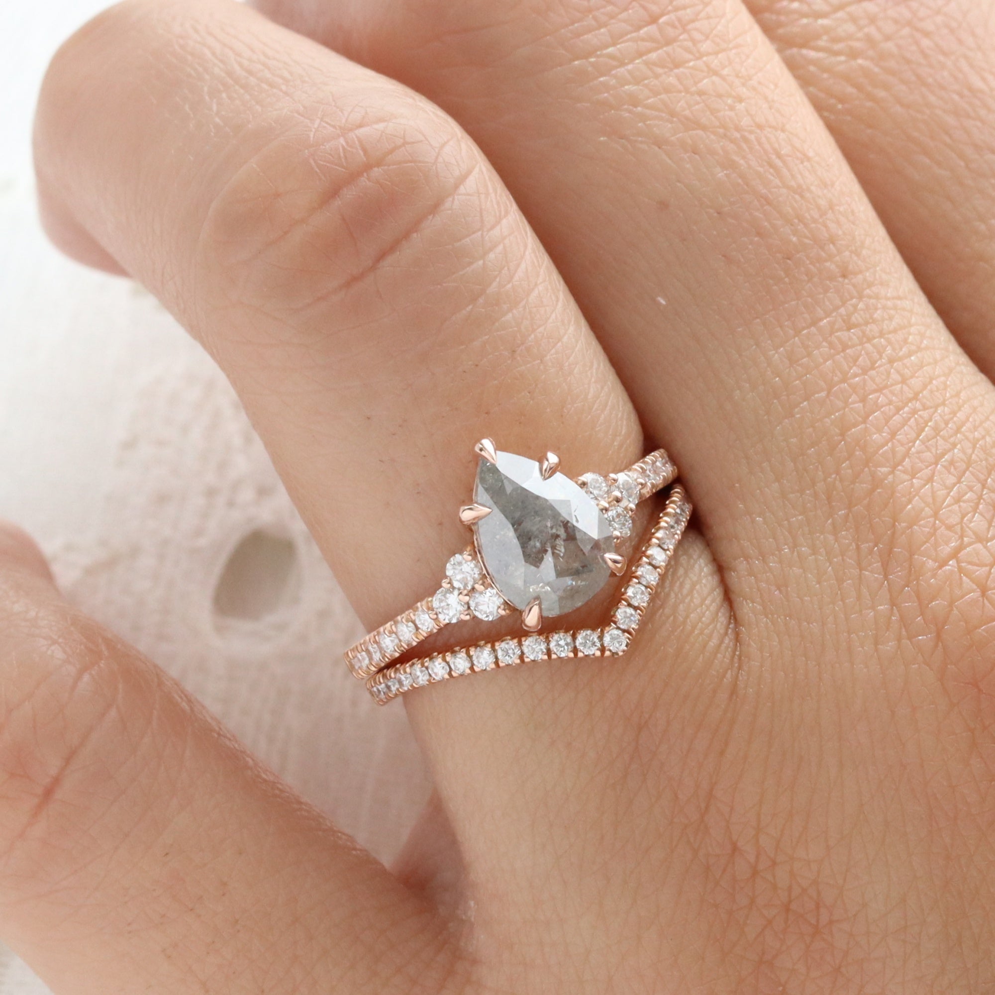 Pear Salt and Pepper Diamond Ring Rose Gold 3 Stone Grey Diamond Ring la more design jewelry