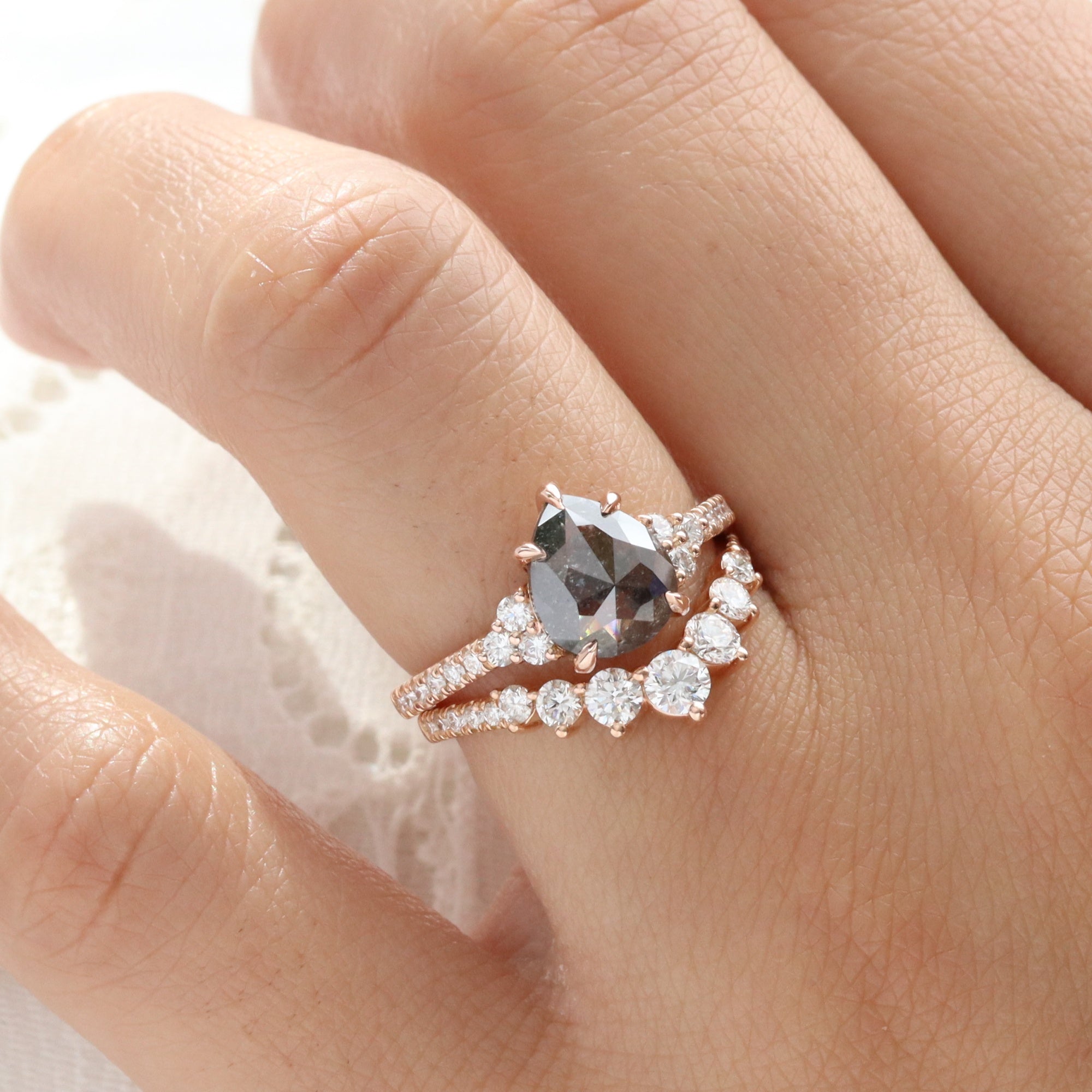 Pear Salt and Pepper Diamond Ring Rose Gold Grey Diamond 3 Stone Ring La More Design
