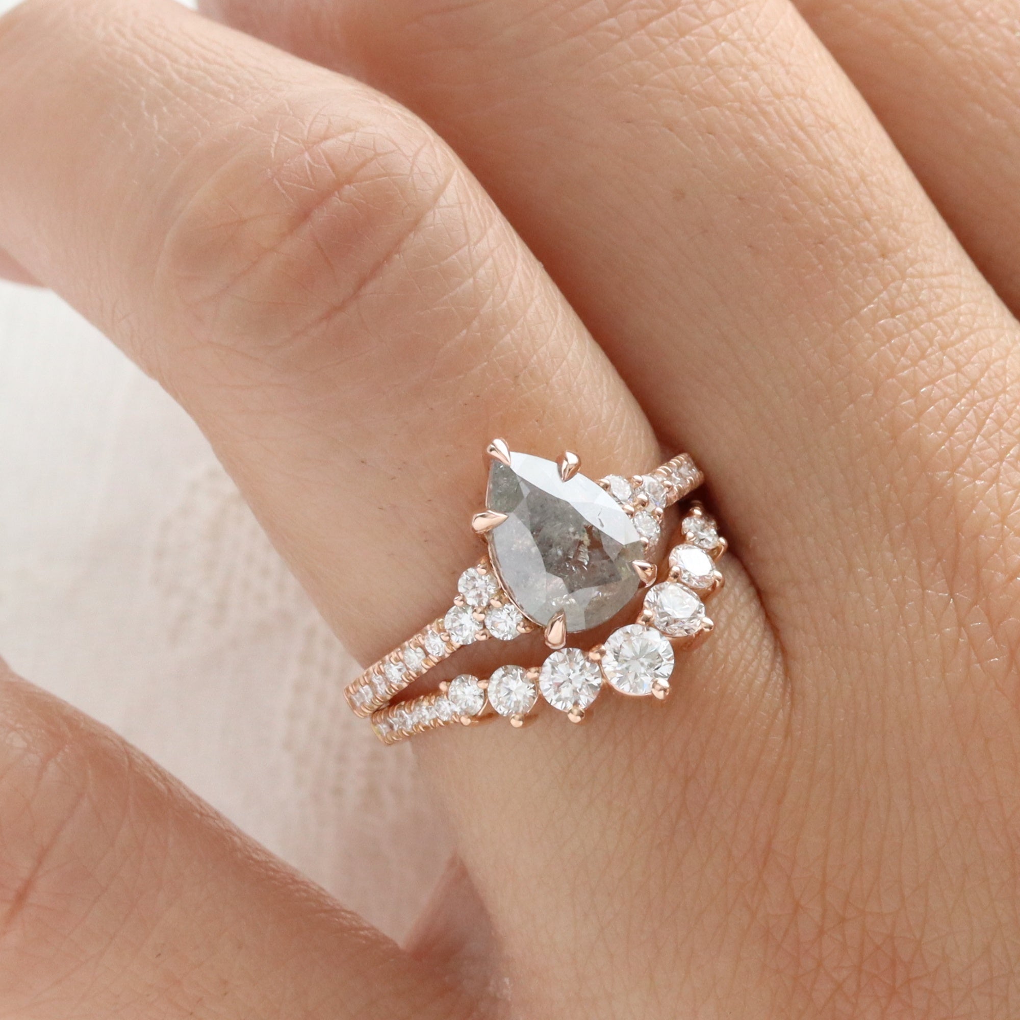 Pear Salt and Pepper Diamond Ring Rose Gold 3 Stone Grey Diamond Ring la more design jewelry