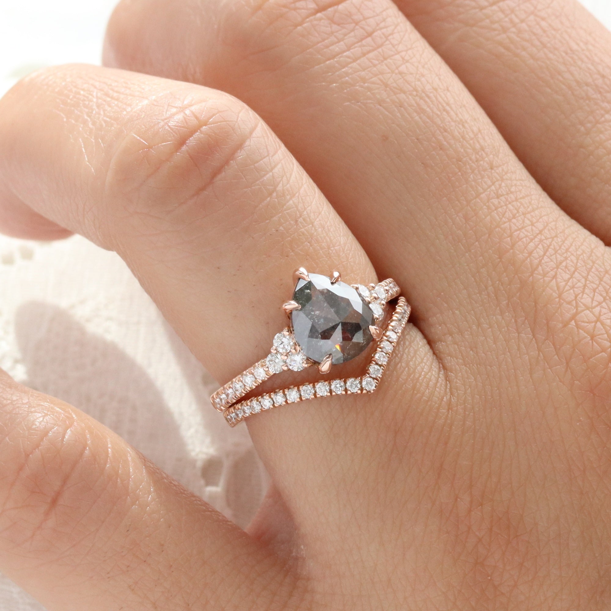 Pear Salt and Pepper Diamond Ring Rose Gold 3 Stone Grey Diamond Ring la more design jewelry