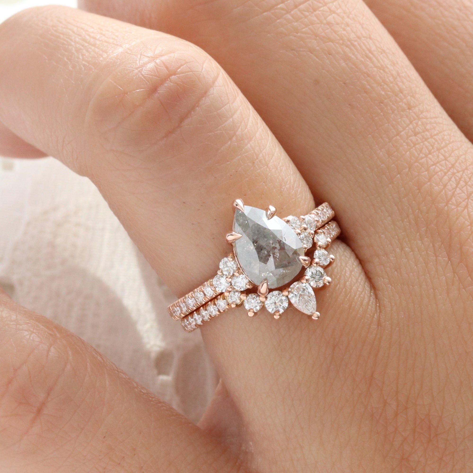 Pear Salt and Pepper Diamond Ring Rose Gold 3 Stone Grey Diamond Ring la more design jewelry