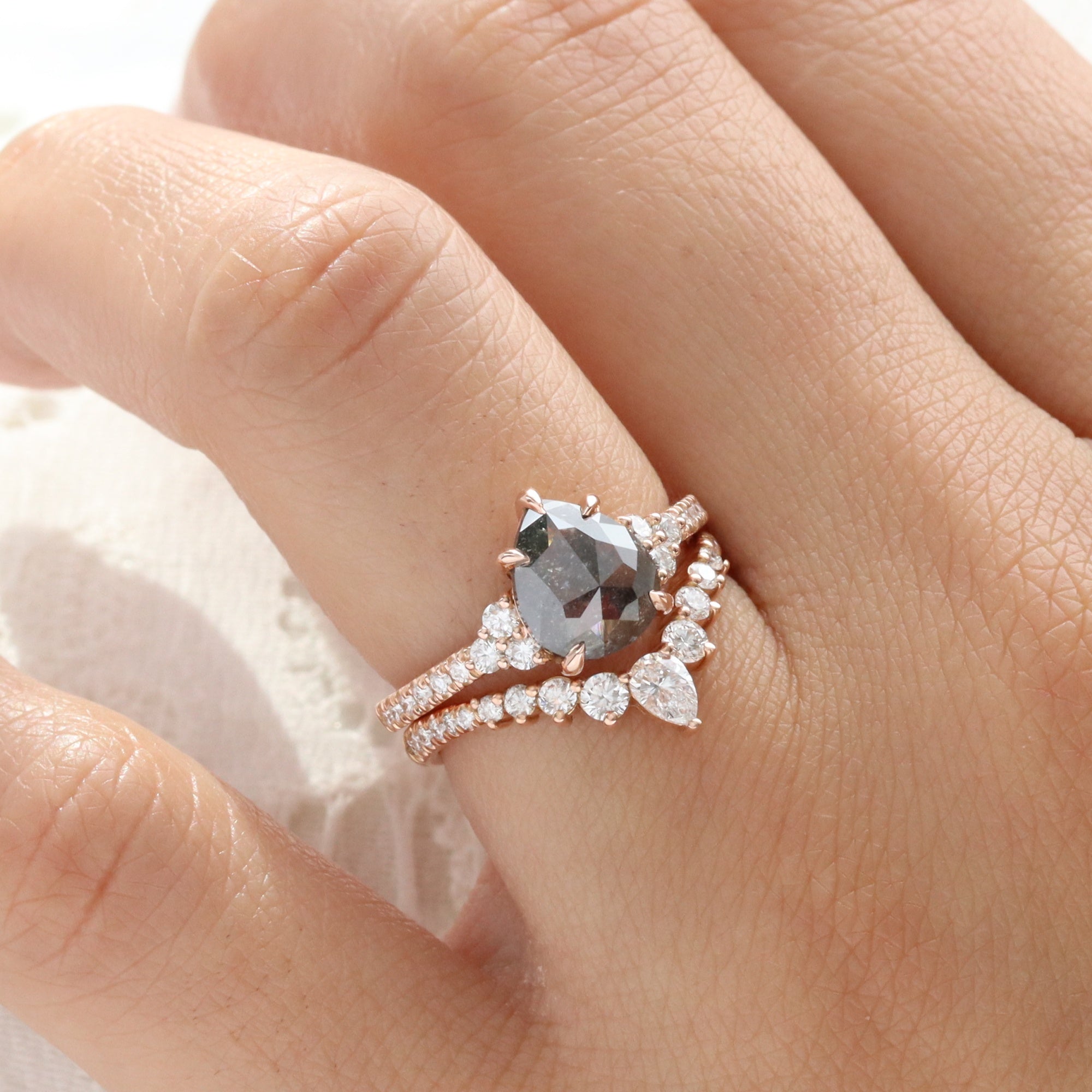 Pear Salt and Pepper Diamond Ring Rose Gold 3 Stone Grey Diamond Ring la more design jewelry