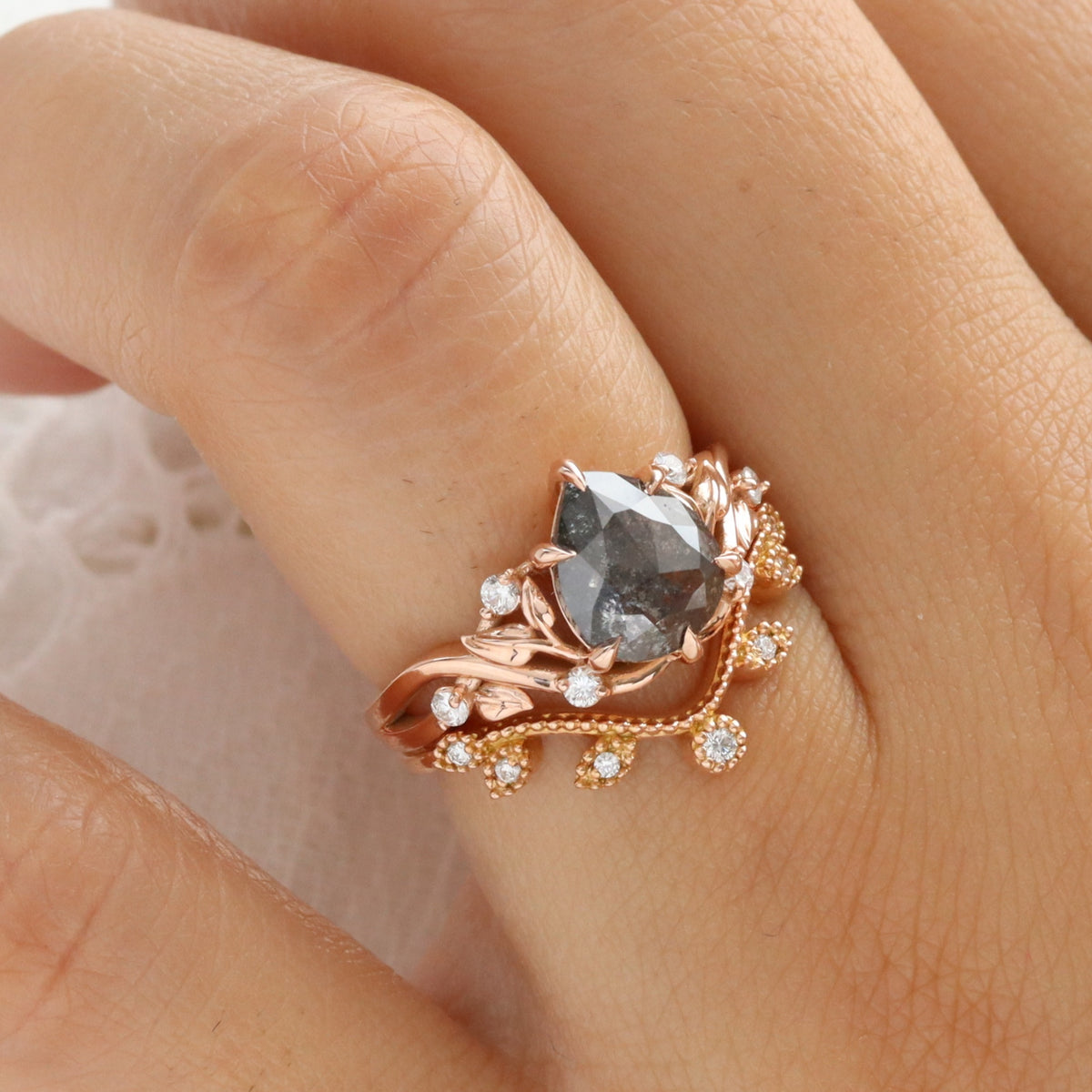 Pear Salt and Pepper Diamond Ring Rose Gold Floral Leaf Grey Diamond Ring la more design jewelry