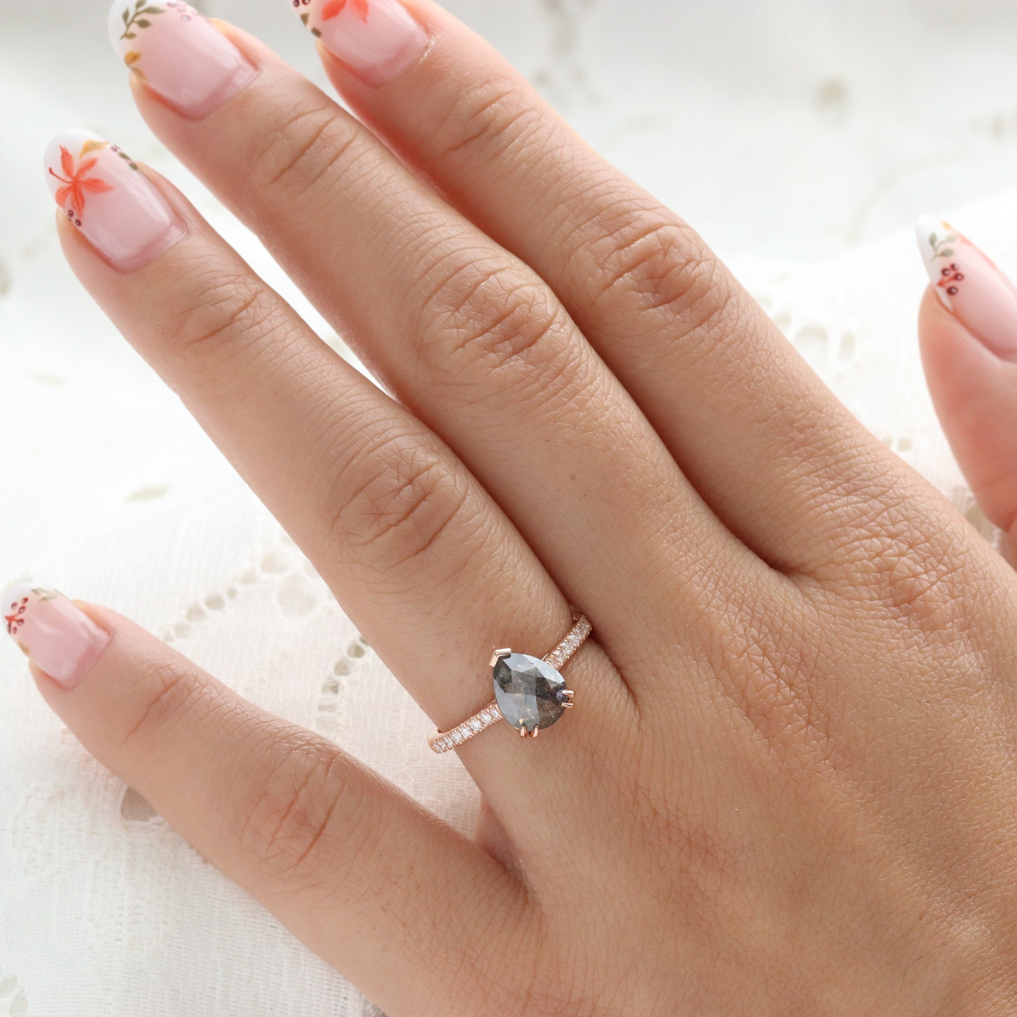 Pear Salt and Pepper Diamond Ring Rose Gold Grey Diamond Solitaire Pave Ring la more design jewelry