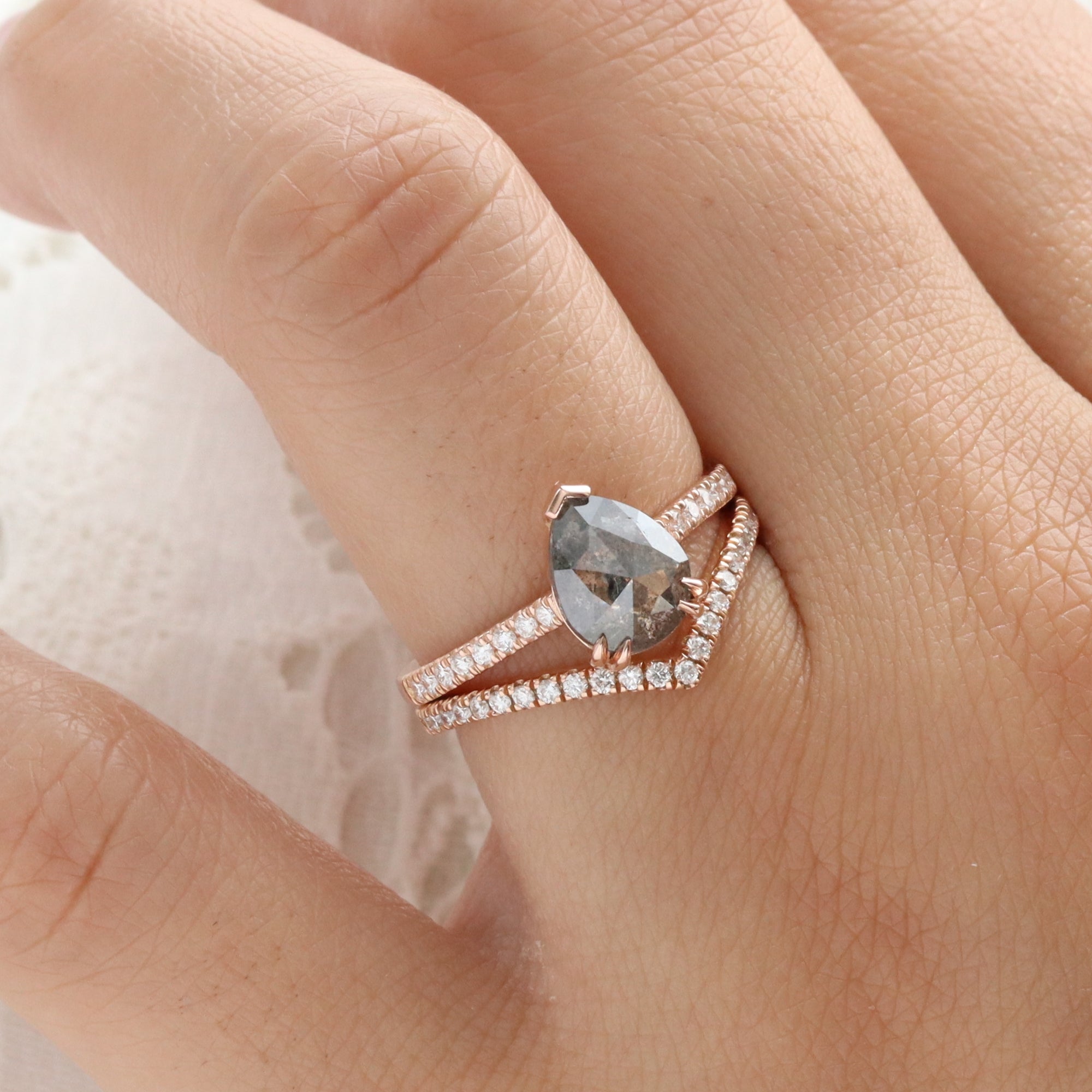 Pear Salt and Pepper Diamond Ring Rose Gold Grey Diamond Solitaire Pave Ring la more design jewelry