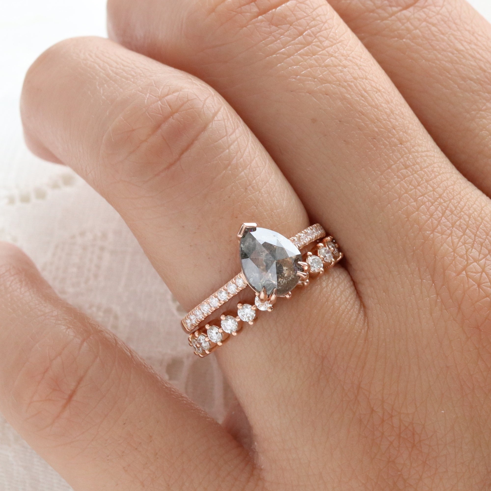 Pear Salt and Pepper Diamond Ring Rose Gold Grey Diamond Solitaire Pave Ring la more design jewelry