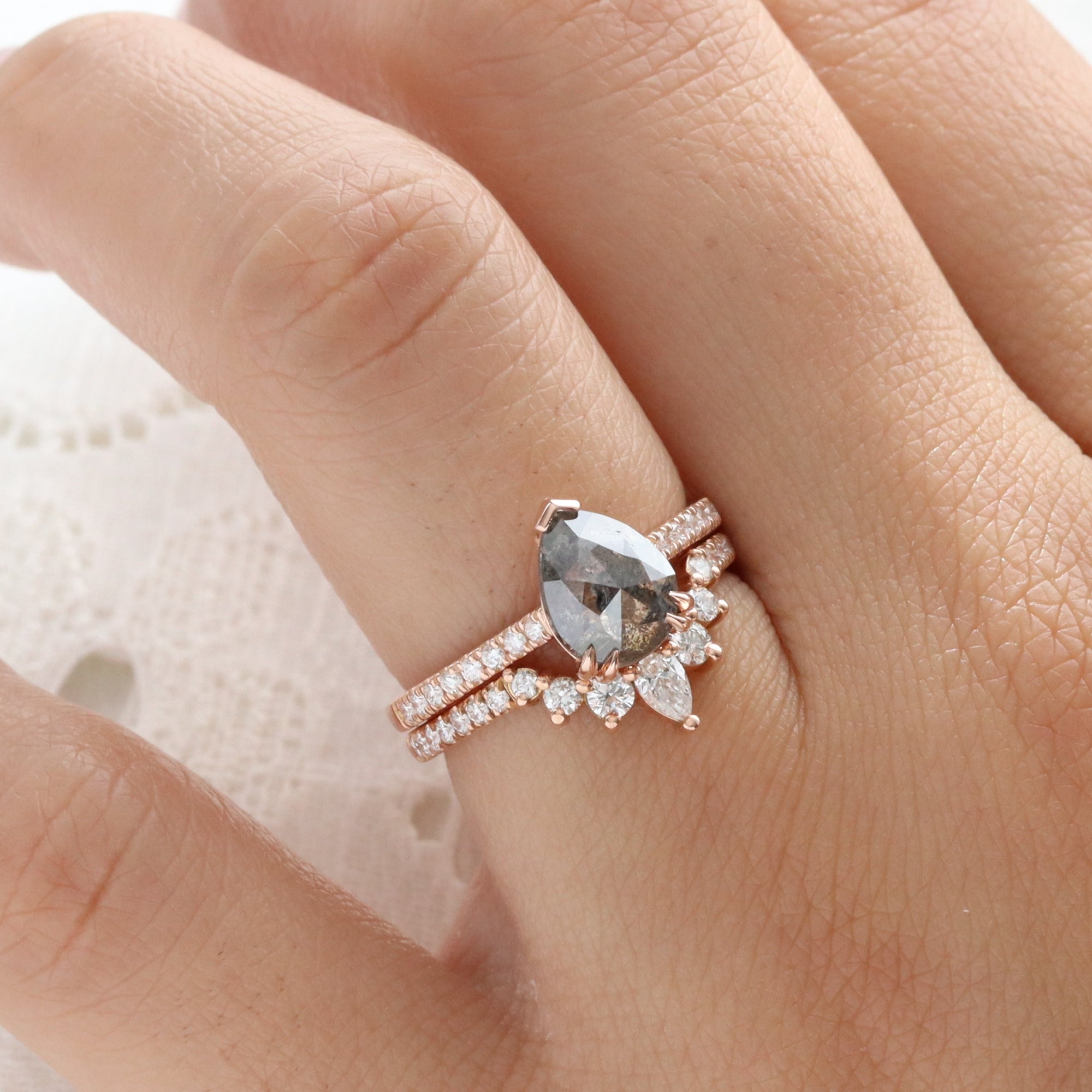 Pear Salt and Pepper Diamond Ring Rose Gold Grey Diamond Solitaire Pave Ring la more design jewelry