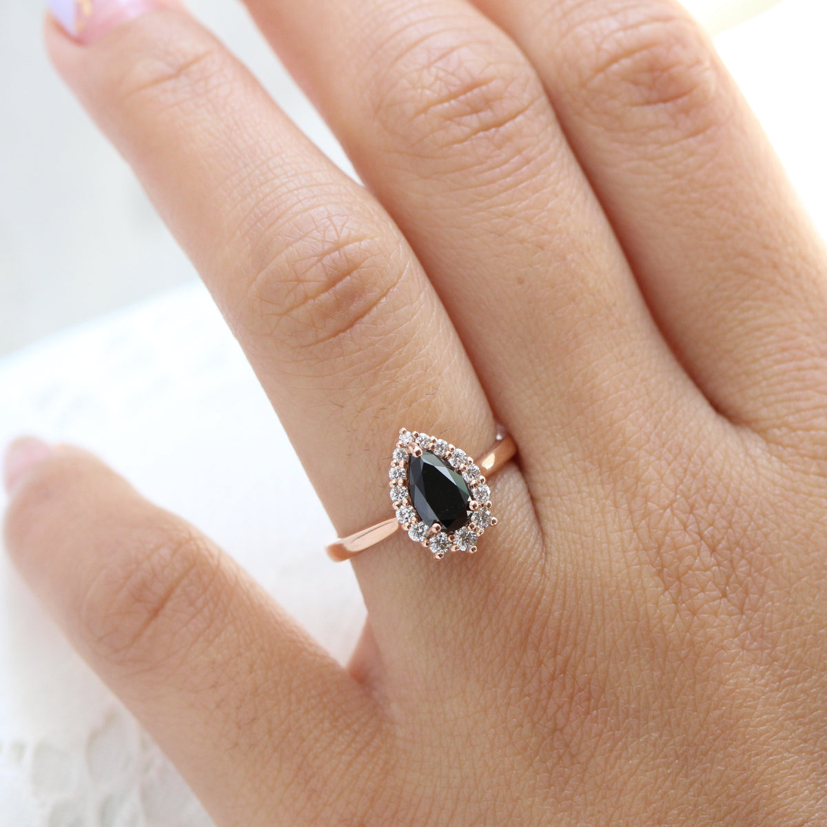 Pear black diamond engagement ring rose gold black halo diamond ring la more design jewelry