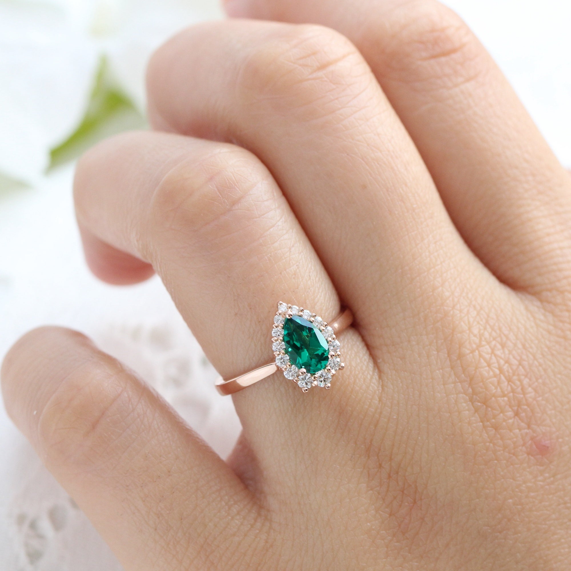 pear shaped emerald engagement ring rose gold halo diamond emerald cluster ring la more design jewelry