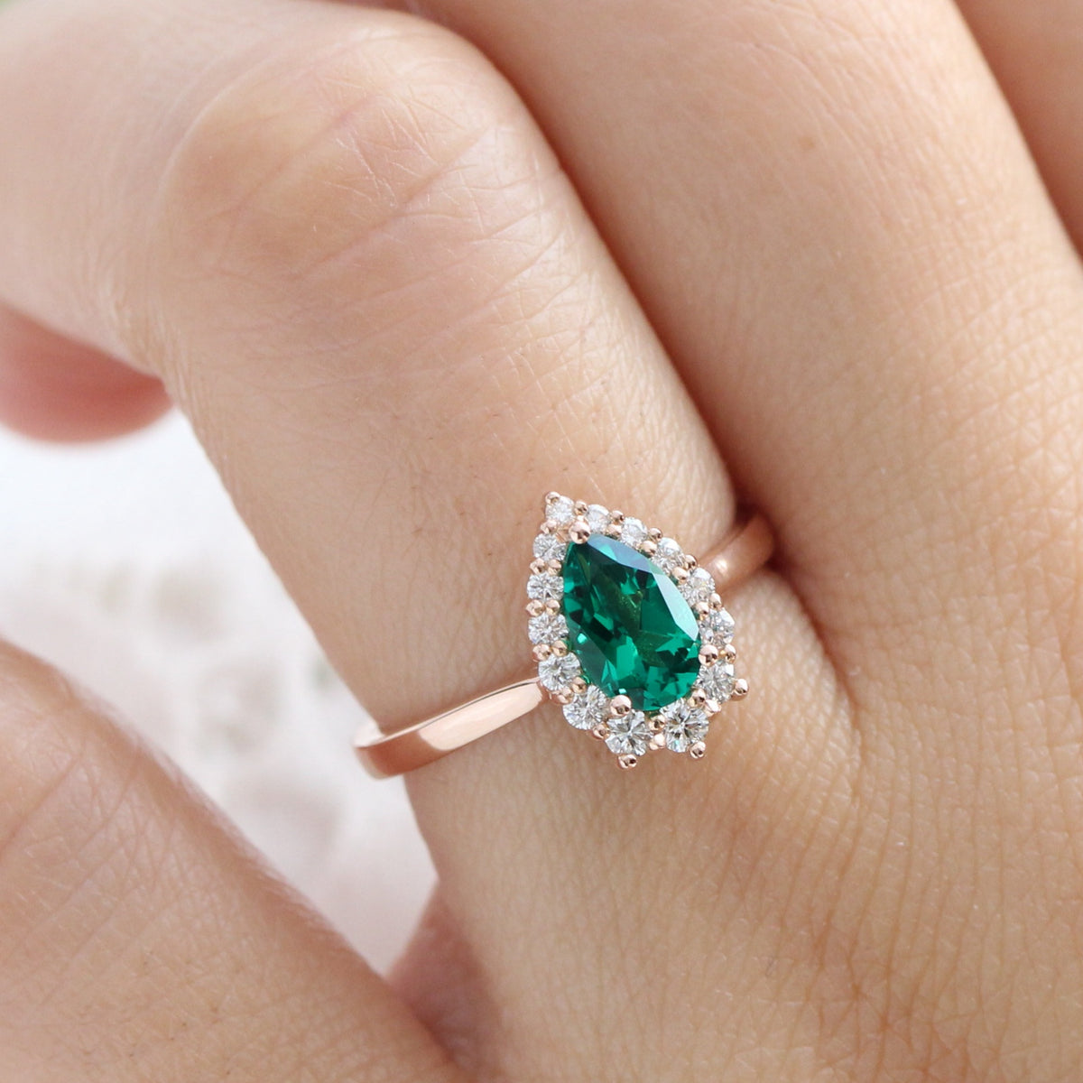 pear shaped emerald engagement ring rose gold halo diamond emerald cluster ring la more design jewelry