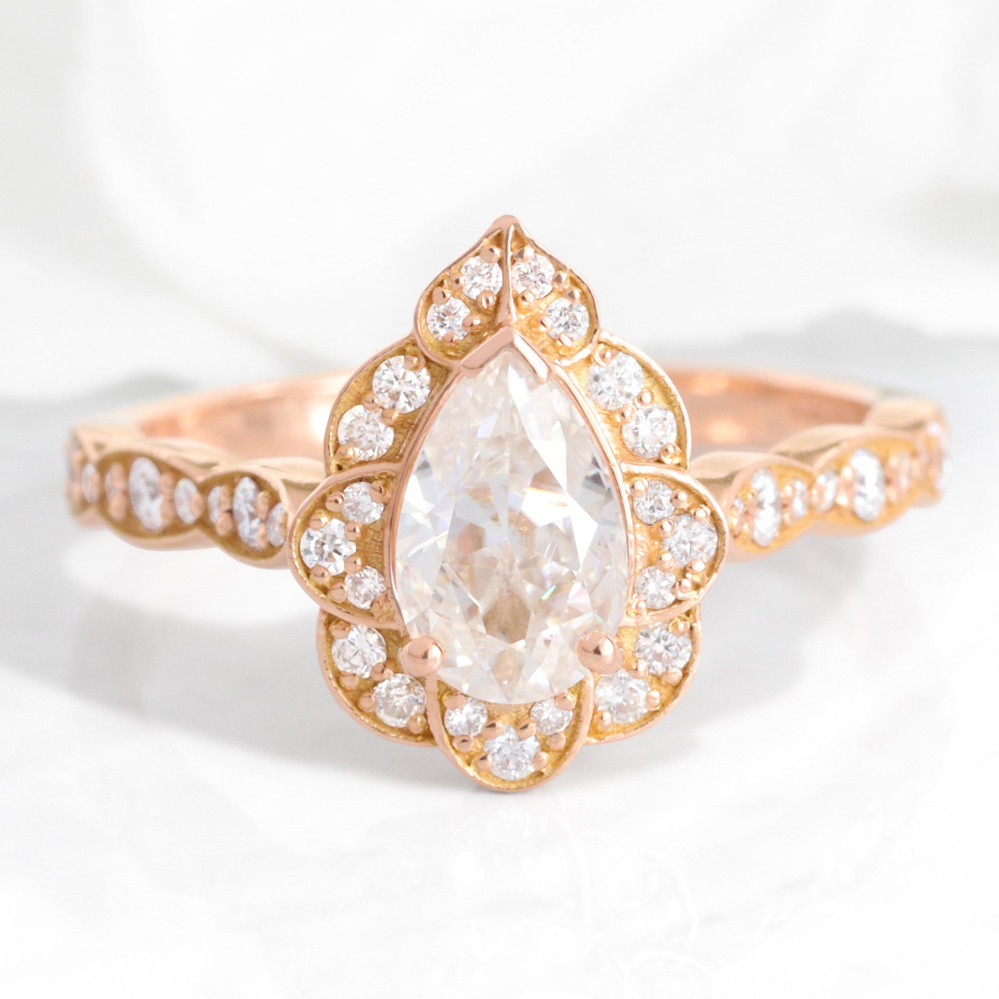 Pear moissanite engagement ring gold vintage halo diamond moissanite ring la more design jewelry