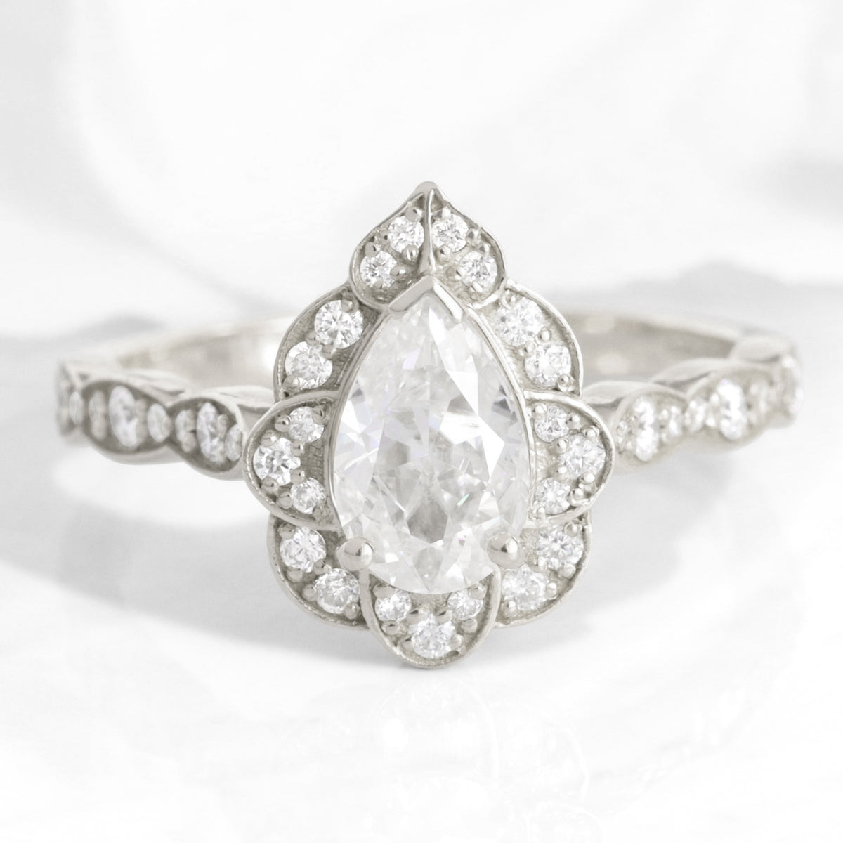 Pear moissanite engagement ring gold vintage halo diamond moissanite ring la more design jewelry