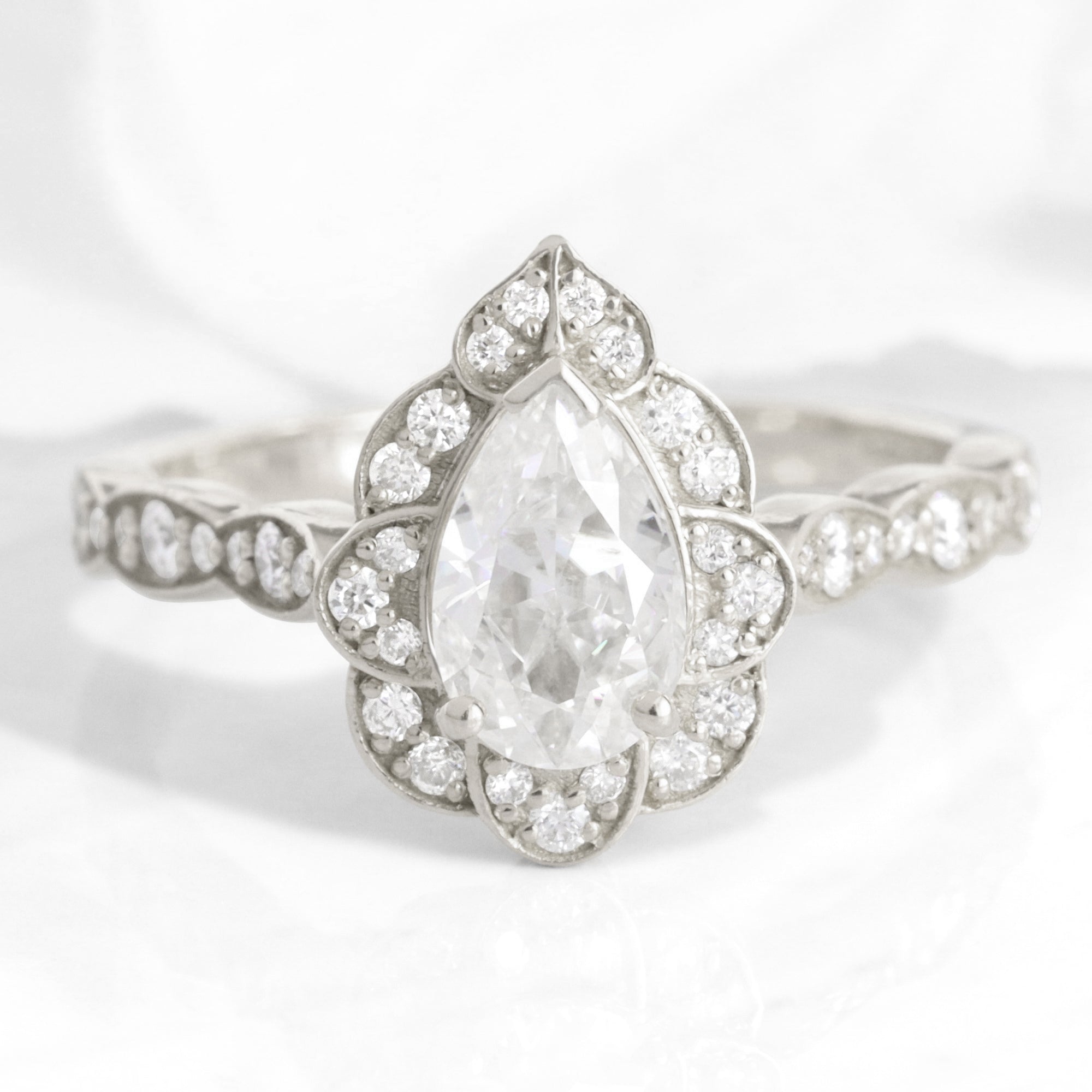 Pear moissanite engagement ring gold vintage halo diamond moissanite ring la more design jewelry