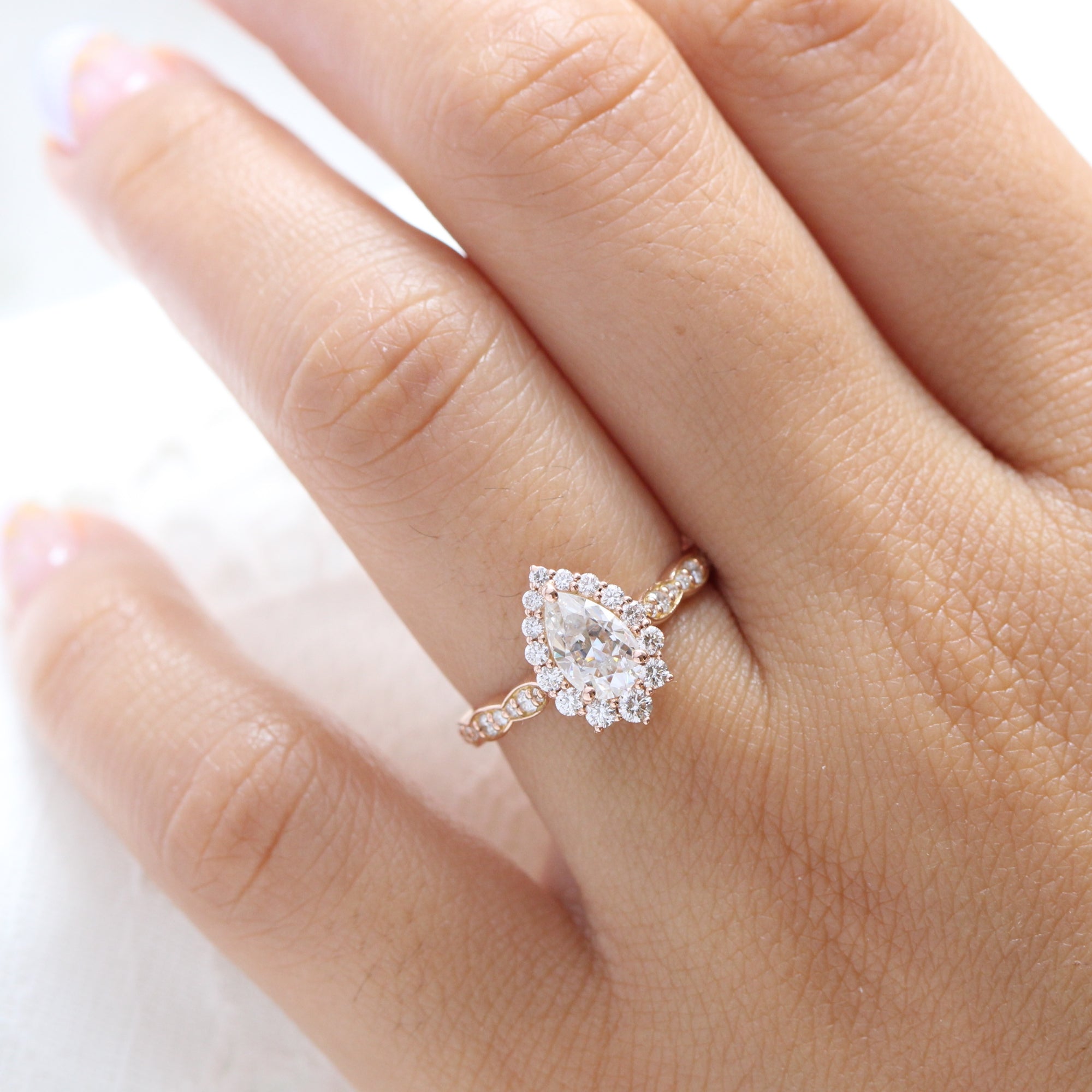 pear moissanite engagement ring rose gold halo diamond moissanite ring cluster ring la more design jewelry