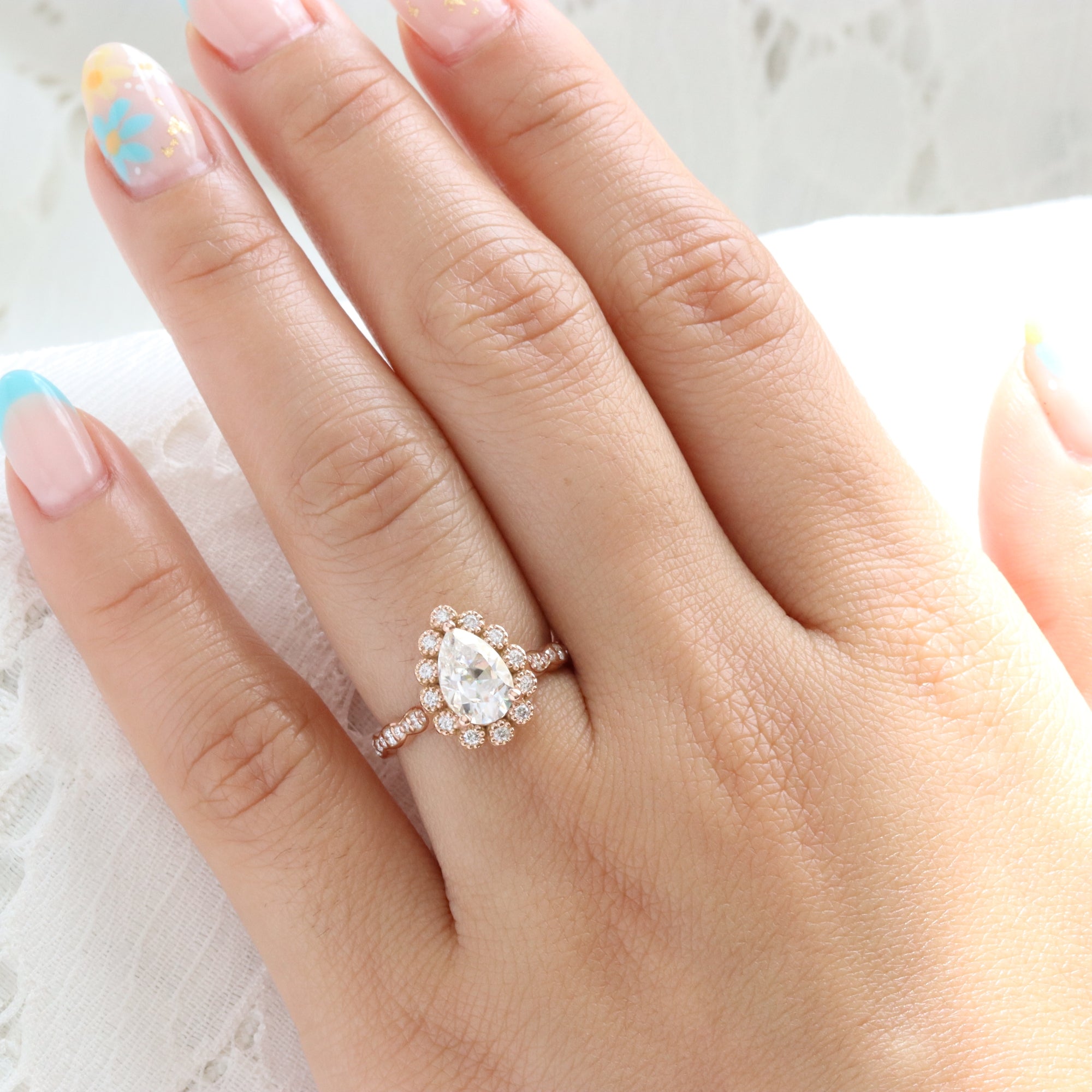 Pear moissanite engagement ring rose gold vintage halo diamond moissanite ring la more design jewelry