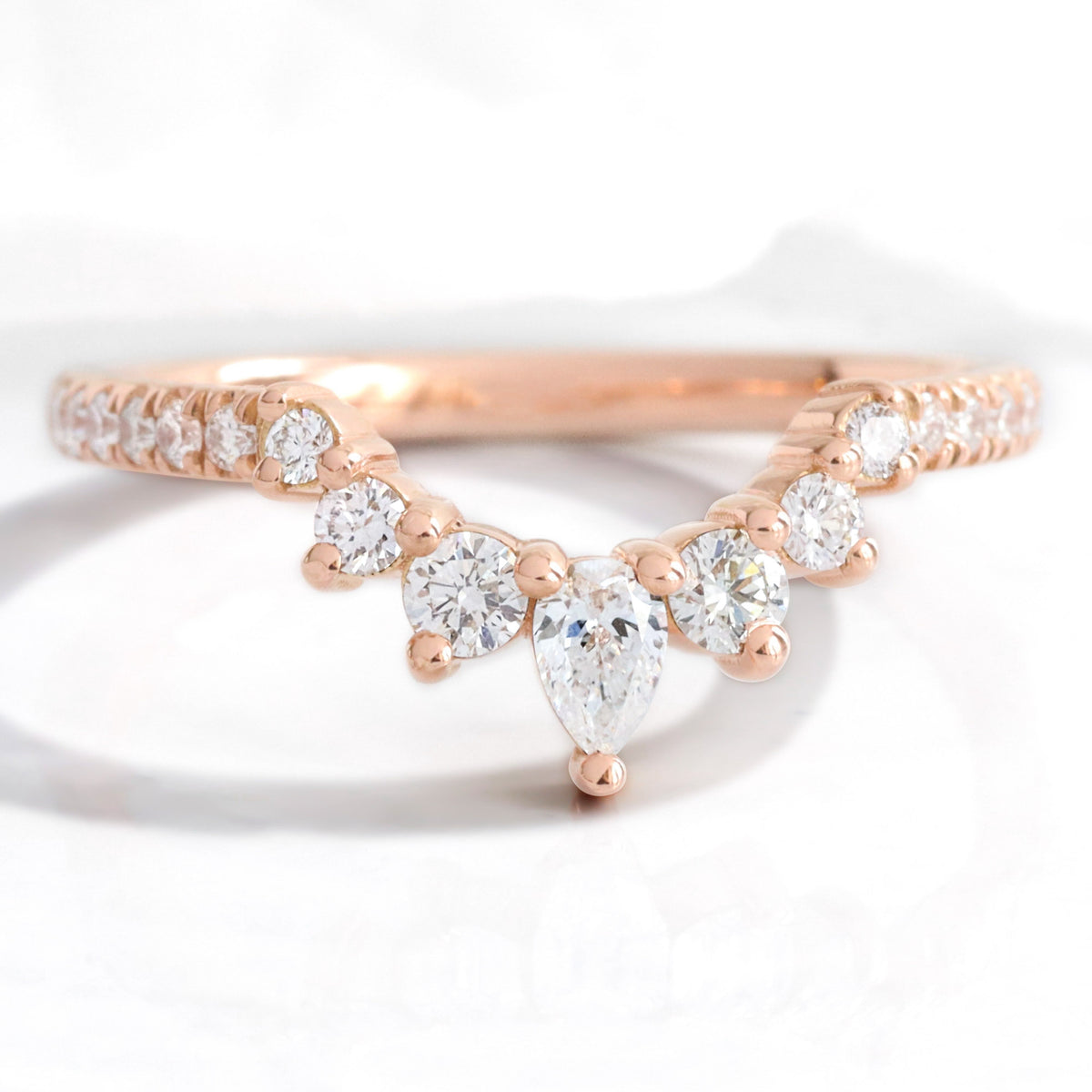 Pear and round diamond wedding ring rose gold u shaped curved pave wedding band la more design jewelry