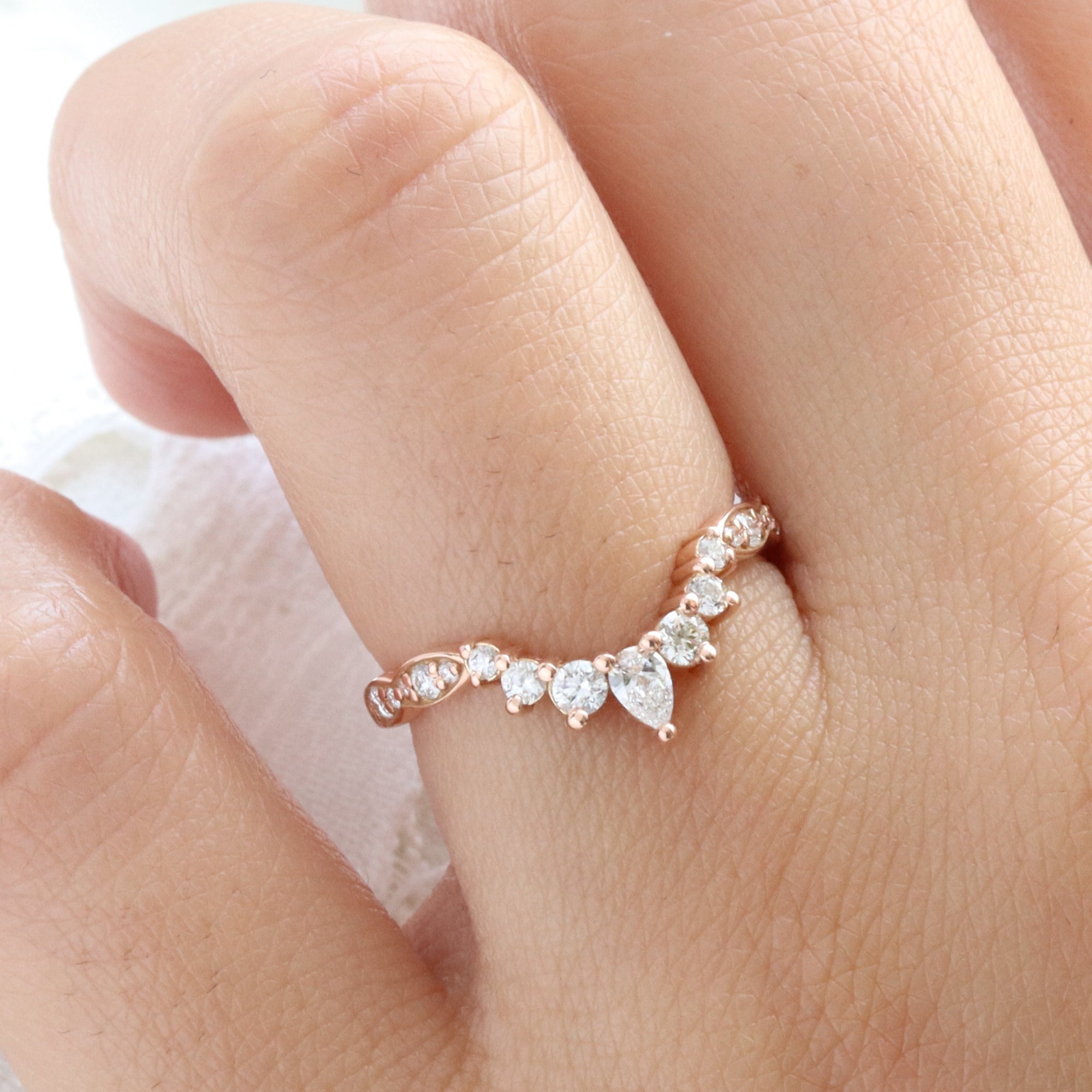 Pear and round diamond wedding ring rose gold u shaped curved scalloped wedding band la more design jewelry