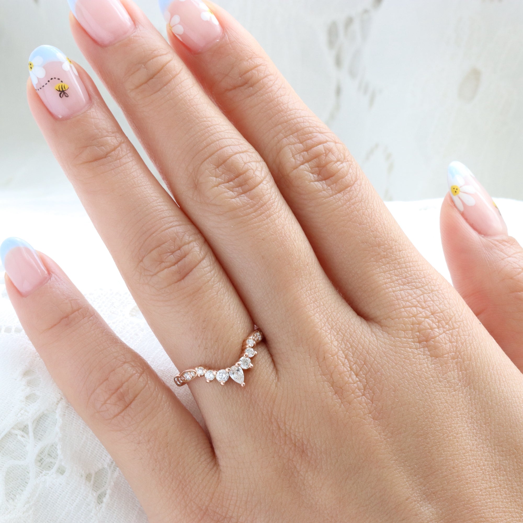 Pear and round diamond wedding ring rose gold u shaped curved scalloped wedding band la more design jewelry