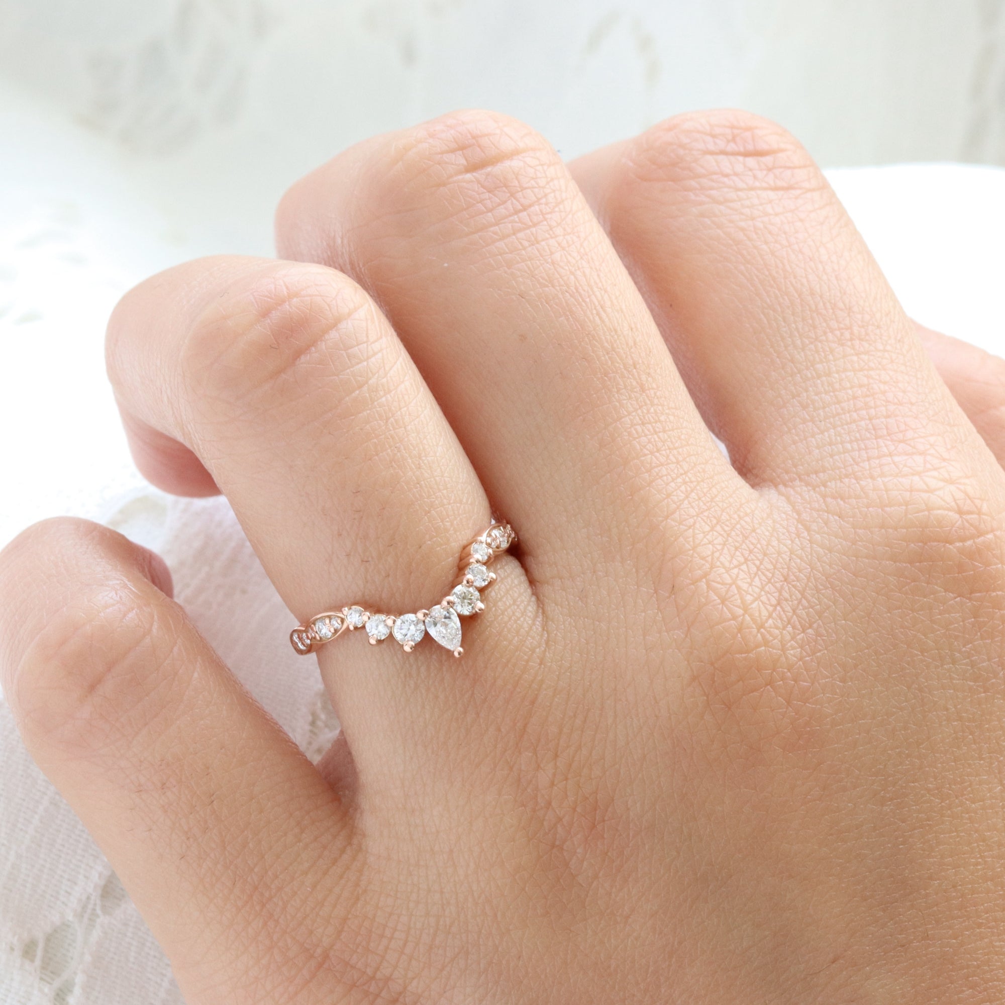 Pear and round diamond wedding ring rose gold u shaped curved scalloped wedding band la more design jewelry
