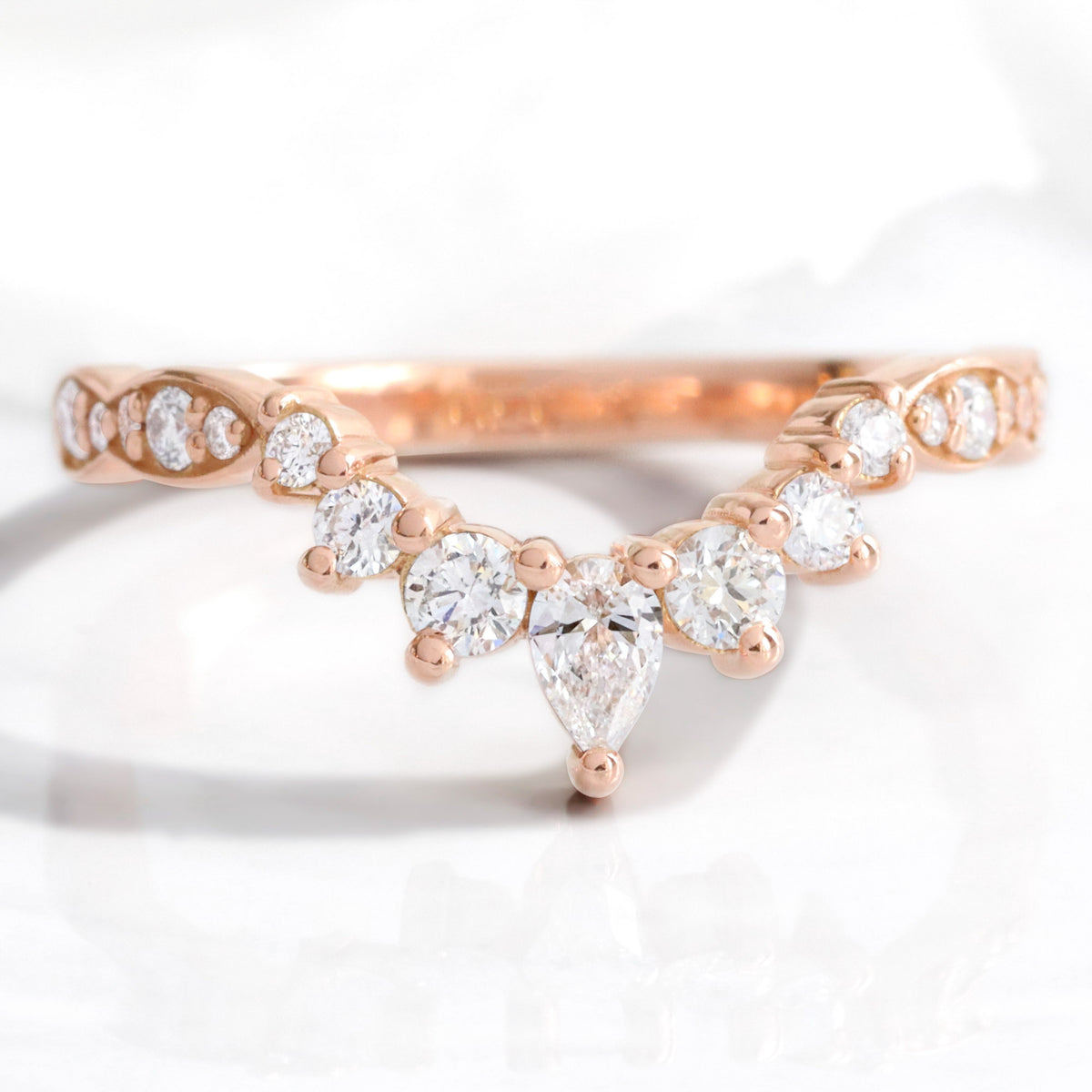 Pear and round diamond wedding ring rose gold u shaped curved scalloped wedding band la more design jewelry