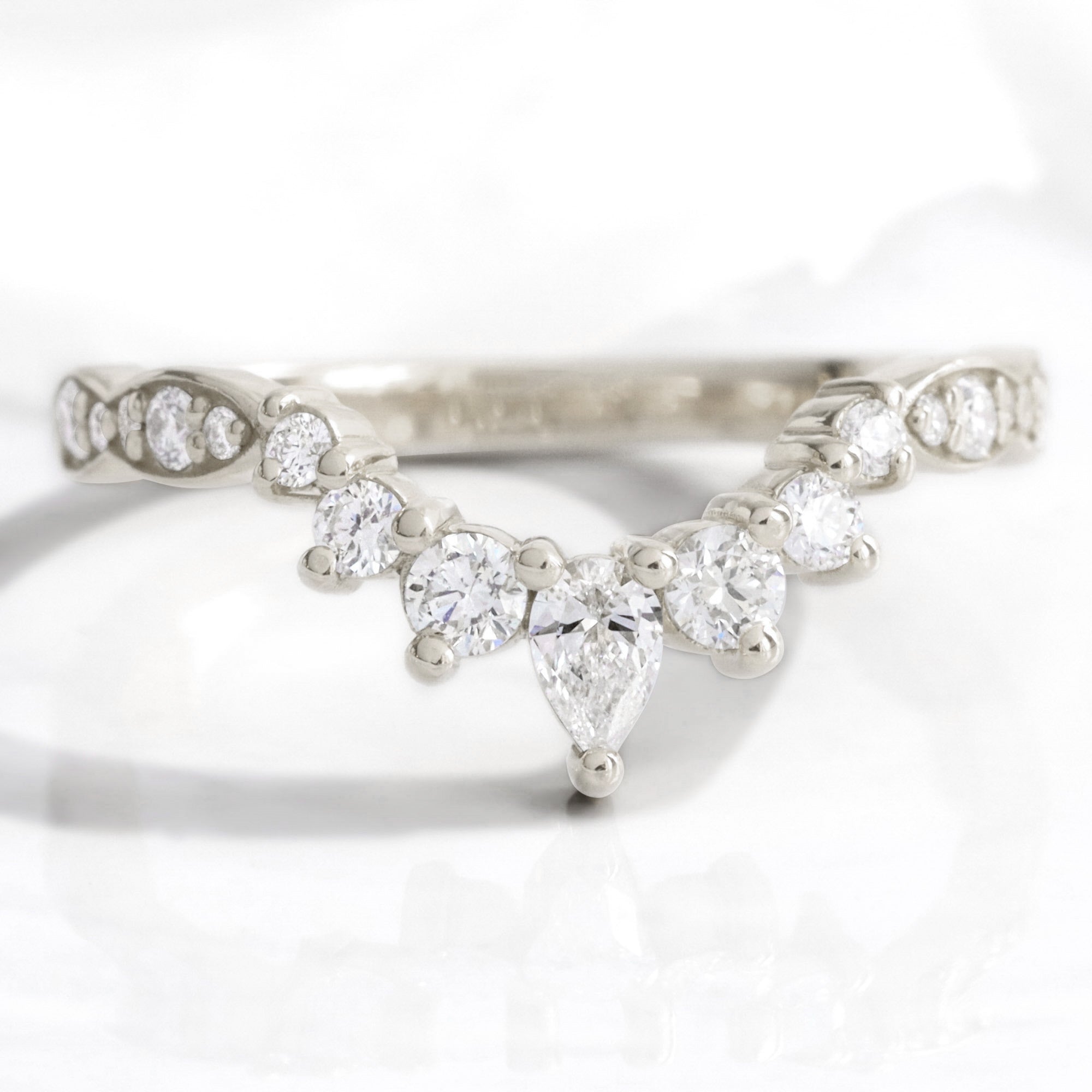 Pear and round diamond wedding ring white gold u shaped curved scalloped wedding band la more design jewelry