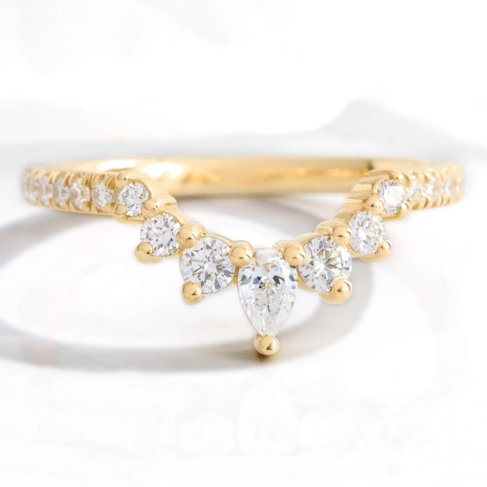 Pear and round diamond wedding ring yellow gold u shaped curved pave wedding band la more design jewelry