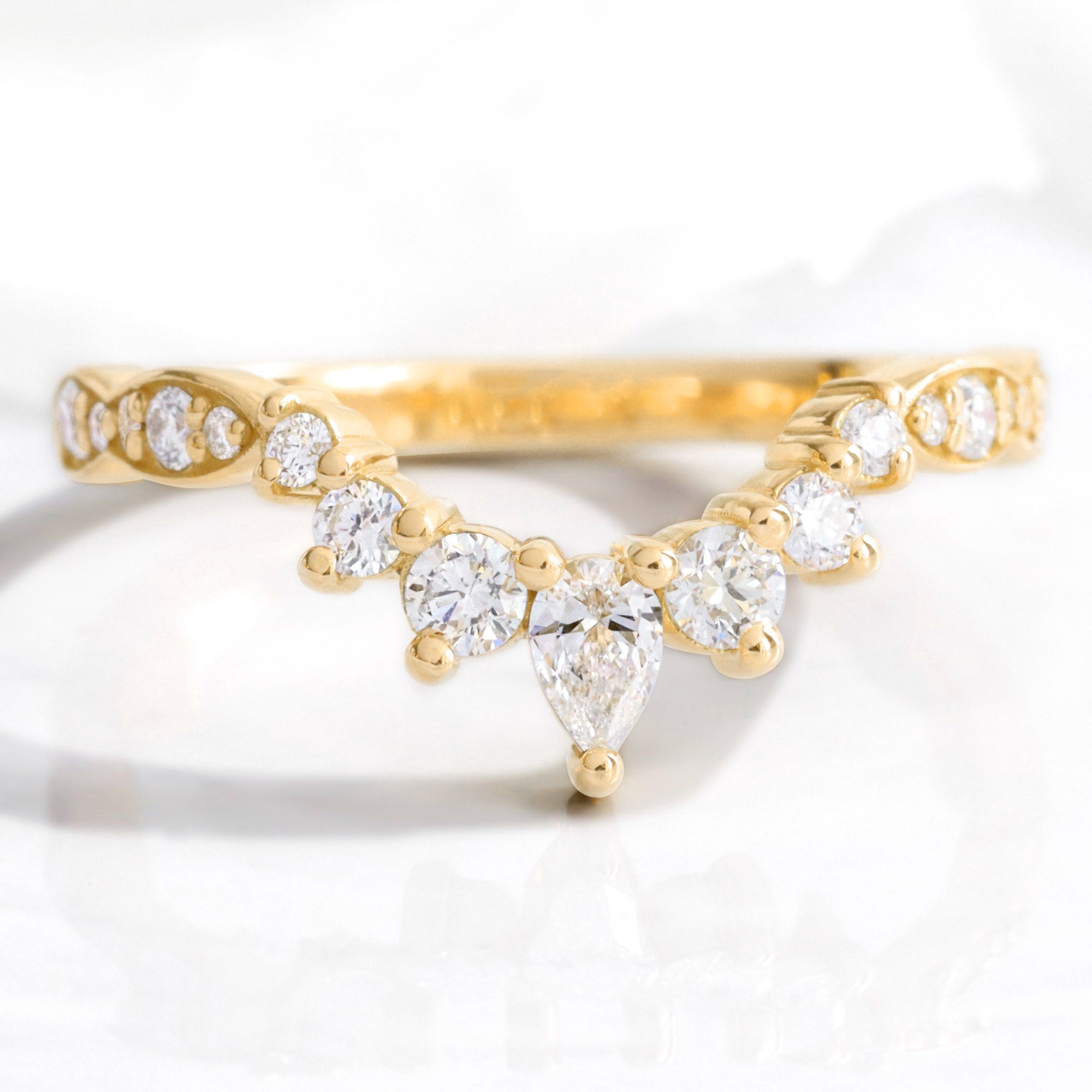 Pear and round diamond wedding ring yellow gold u shaped curved scalloped wedding band la more design jewelry