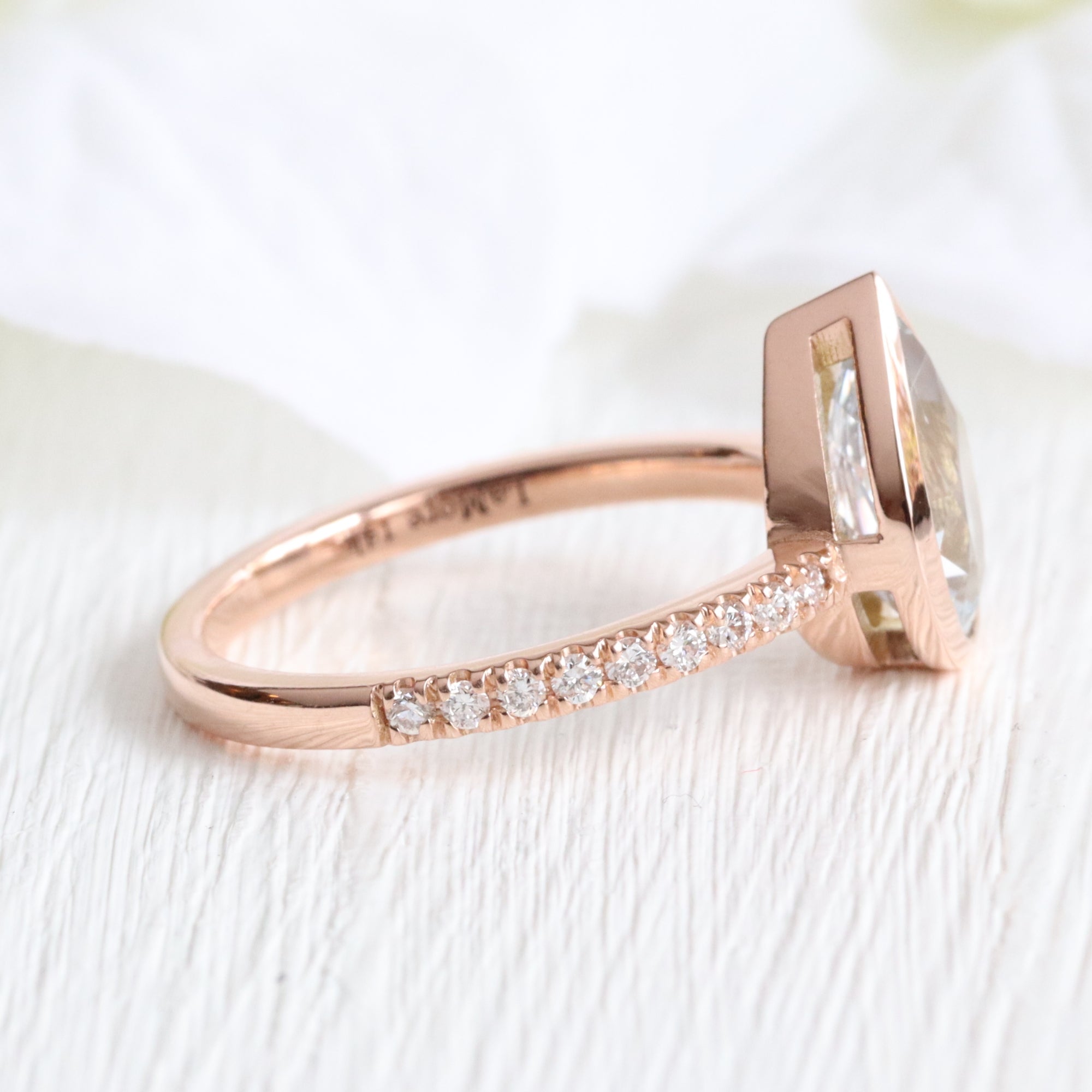 Pear aqua blue sapphire ring rose gold bezel solitaire pave diamond band la more design jewelry
