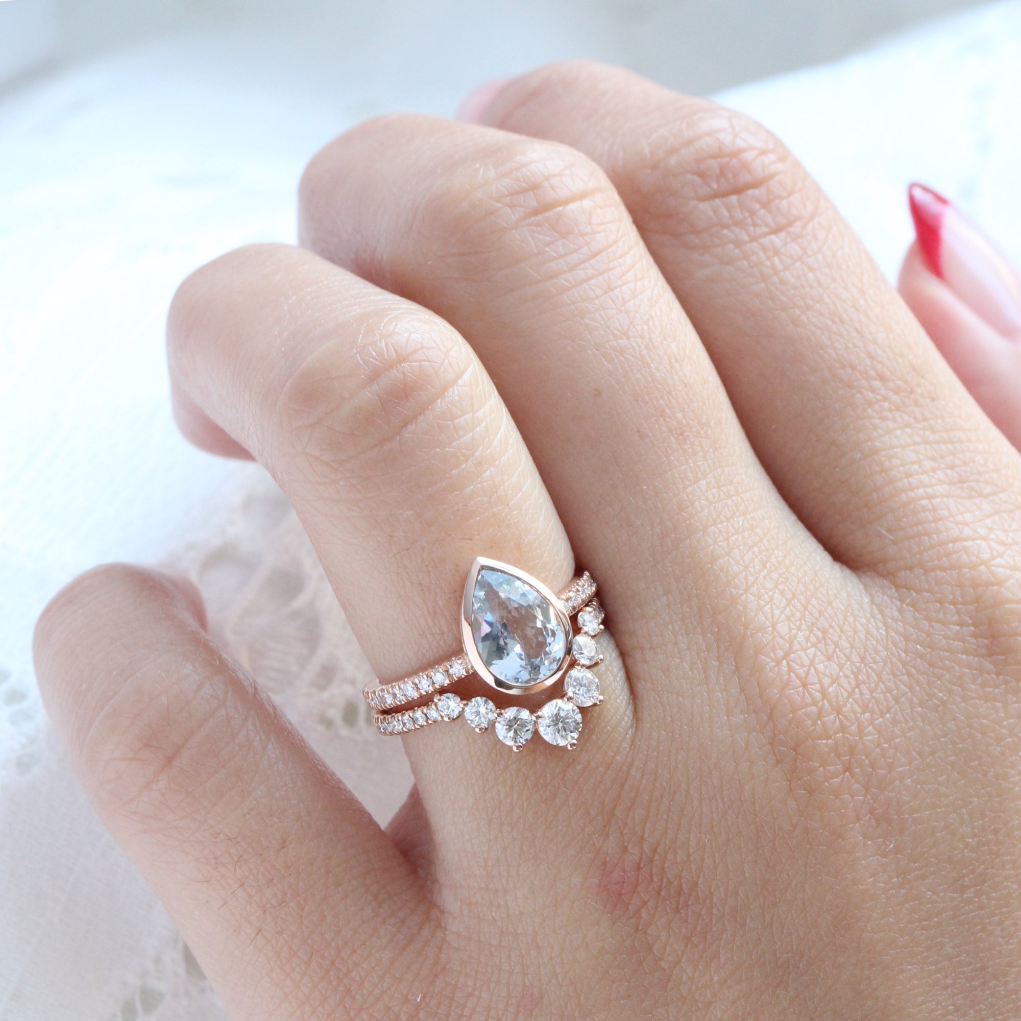 Pear aqua blue sapphire ring rose gold bezel solitaire pave diamond band la more design jewelry