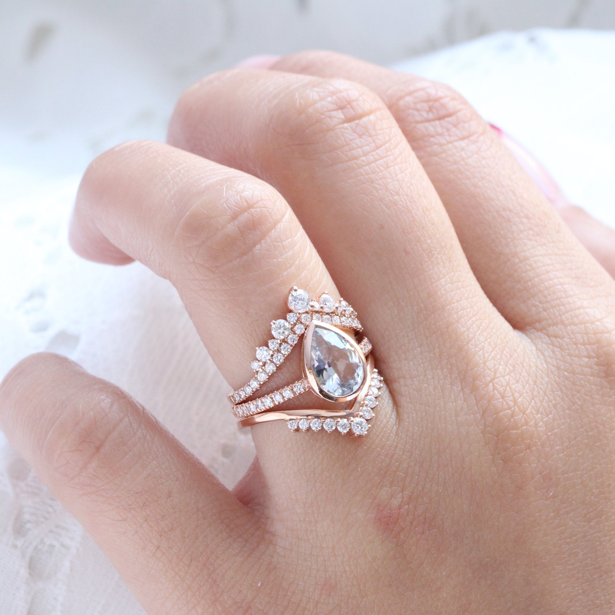 Pear aqua blue sapphire ring rose gold bezel solitaire pave diamond band la more design jewelry