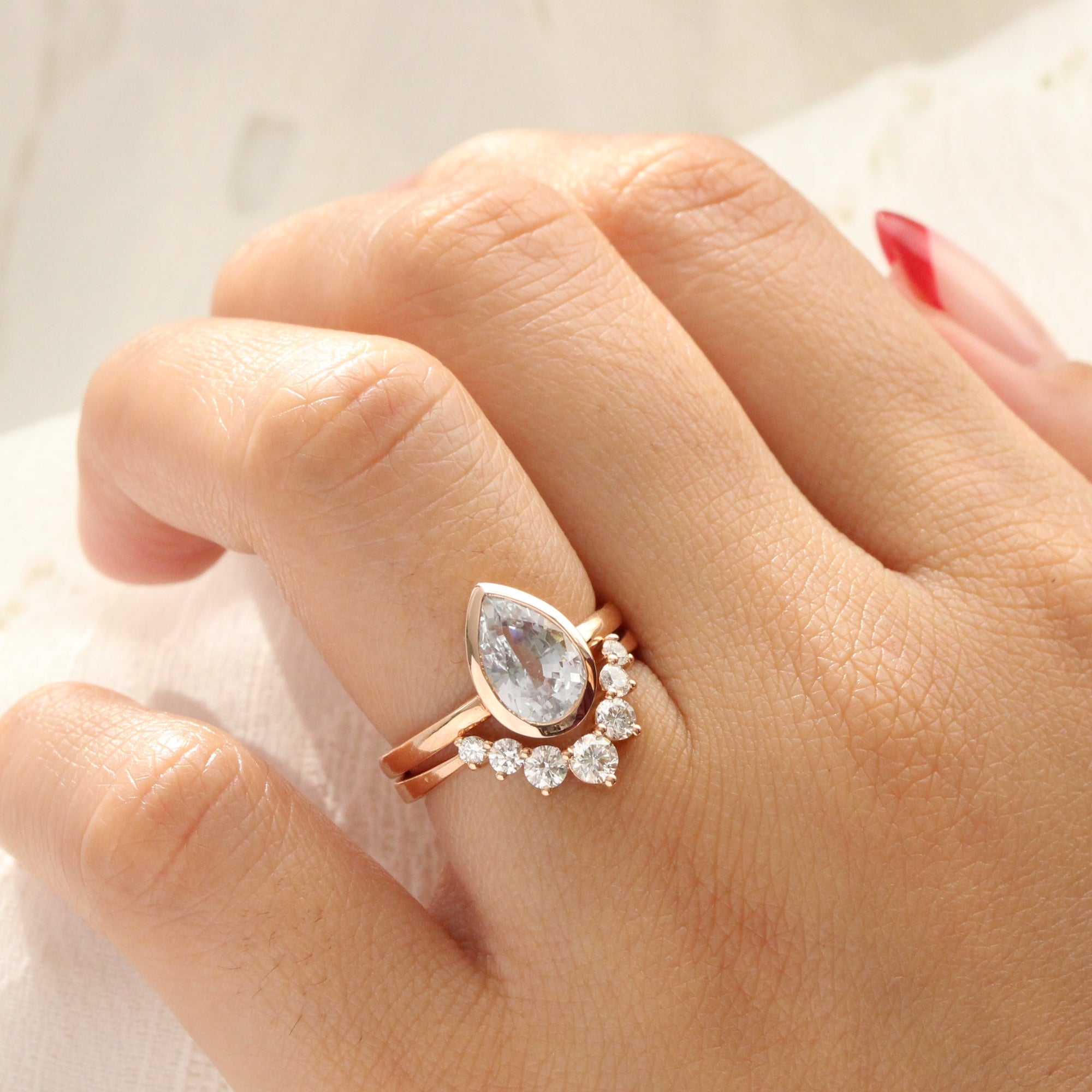 Pear aqua blue sapphire ring rose gold bezel solitaire ring la more design jewelry